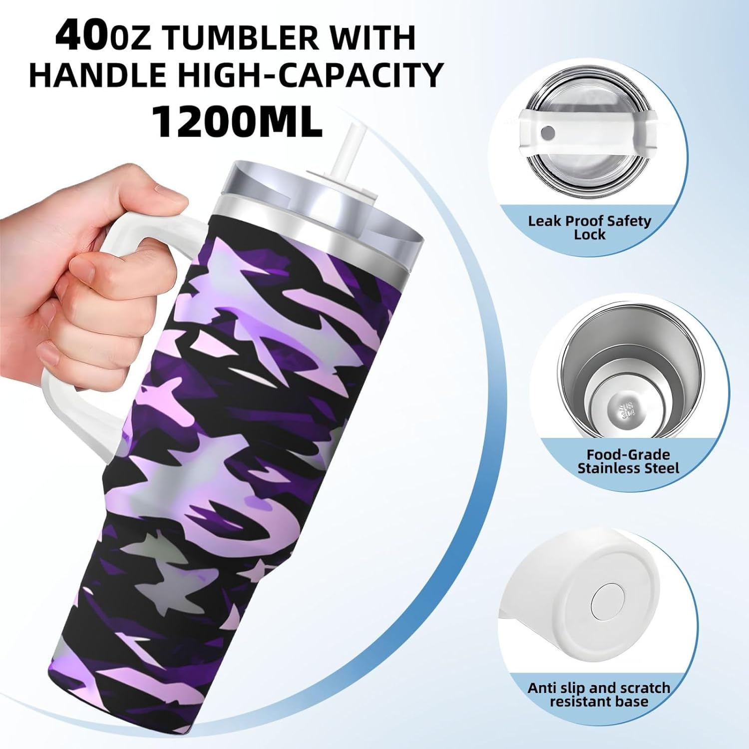 40 OZ American Camouflage Purple Print Ice Bully Cup with Handle Straw Lid Straw,Stainless Steel Tumbler Coffee Cup