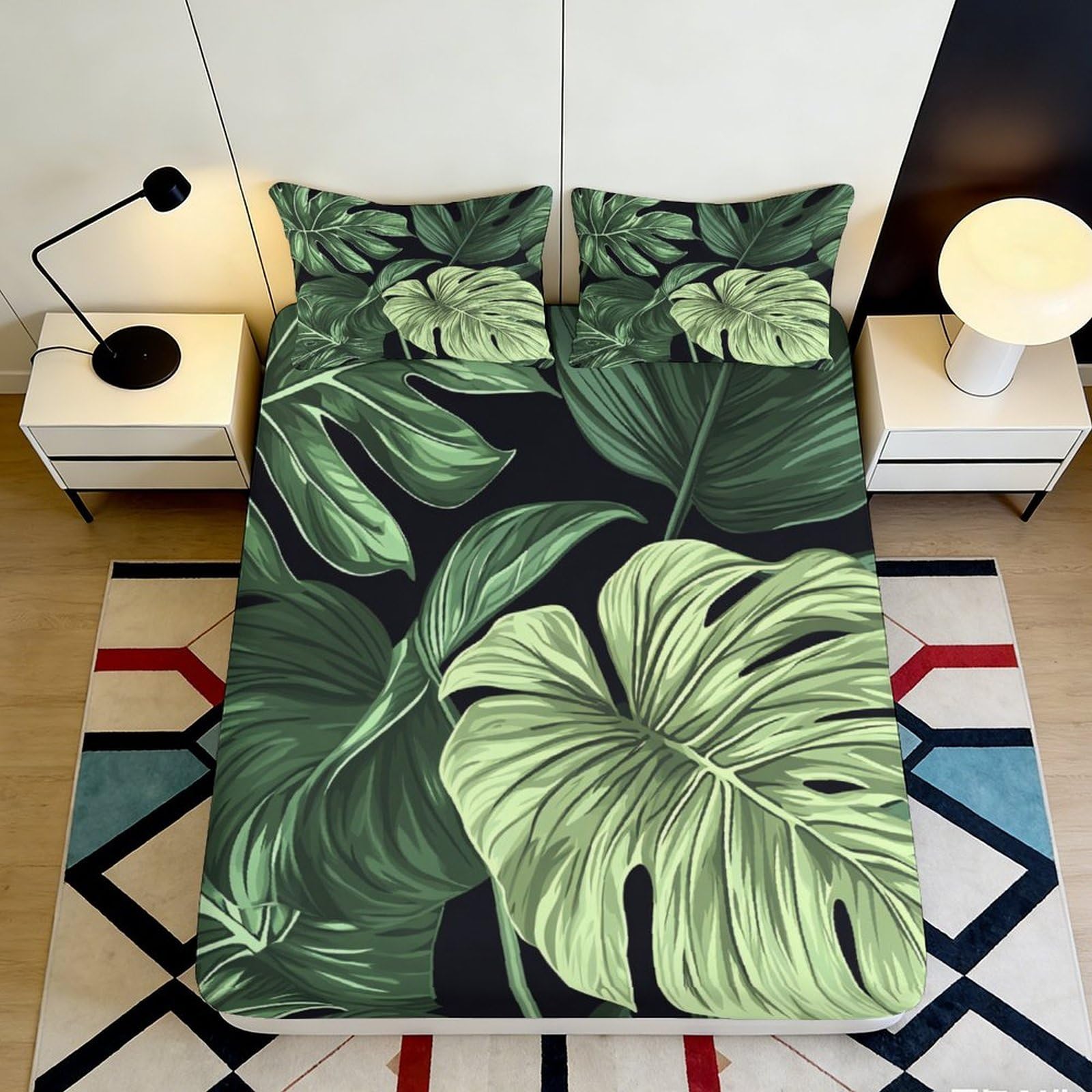 3D Printed Tropical Monstera Leaf Fitted Sheet Microfiber Soft Breathable Palm Bed Cover for Bedroom Guest Room Decor 90x200x25cm