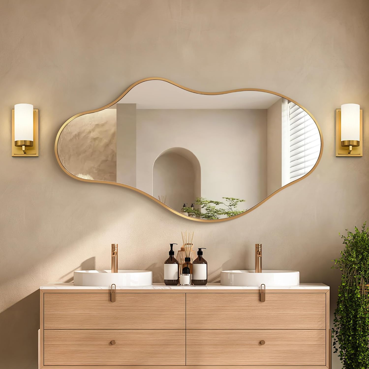 Irregular Wall Mirror, 20"x36" Gold Abstract Asymmetrical Mirrors for Wall, Decorative Cloud Wavy Mirror for Bathroom, Bedroom, Cloakroom, Entryway, Shatter-Proof Aluminum Alloy Frame 20"L x 36"W A-rose Gold