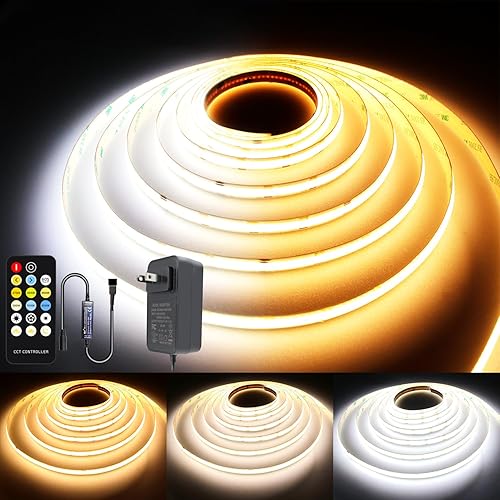 CCT COB - Tira de luces LED COB, 9.8 pies, regulable, 2700K-6500K, 24V, sintonizable, kit de tira de luz LED blanca, tiras LED CRI de alta densidad