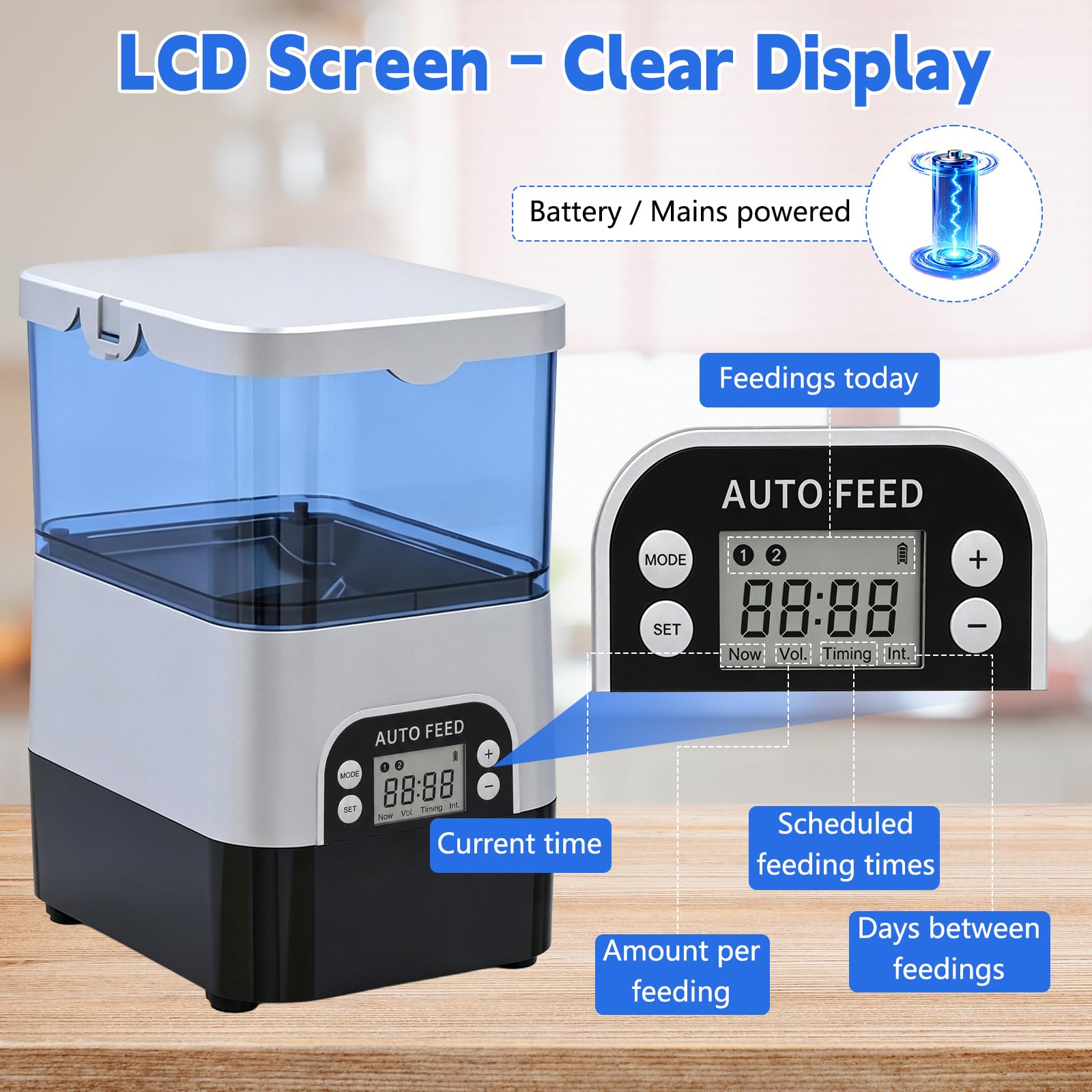 Mangiatoia automatica per pesci, grande capacità da 2,8 l, display LCD del livello della batteria, alimentazione a batteria o a rete, antivento, impermeabile, per interni ed esterni (batterie non