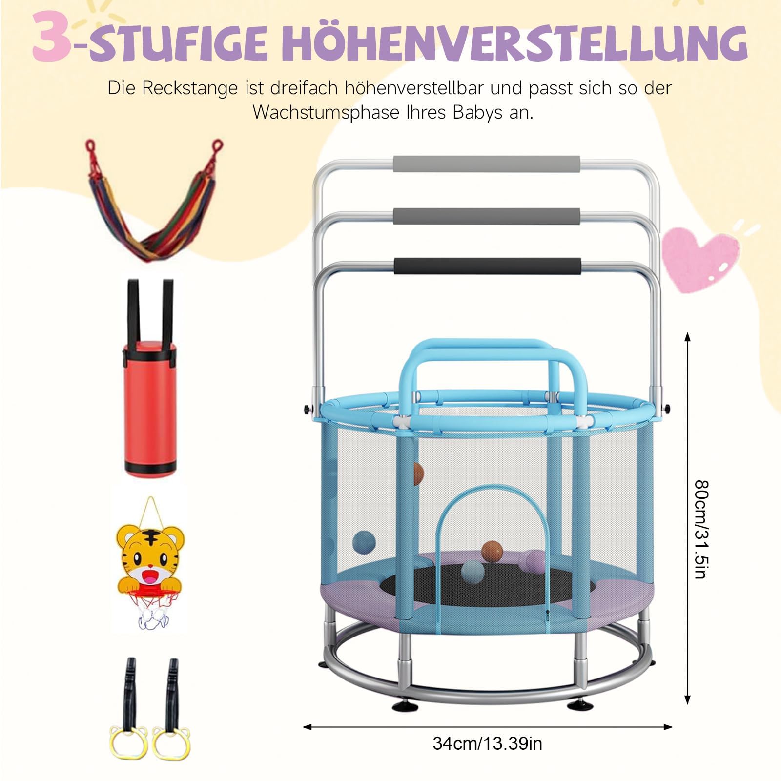 Trampoline pour enfants, avec filet sur tout le pourtour et barres de gymnastique réglables pour l'intérieur, l'extérieur, pour enfants, garçons, filles, 140 cm