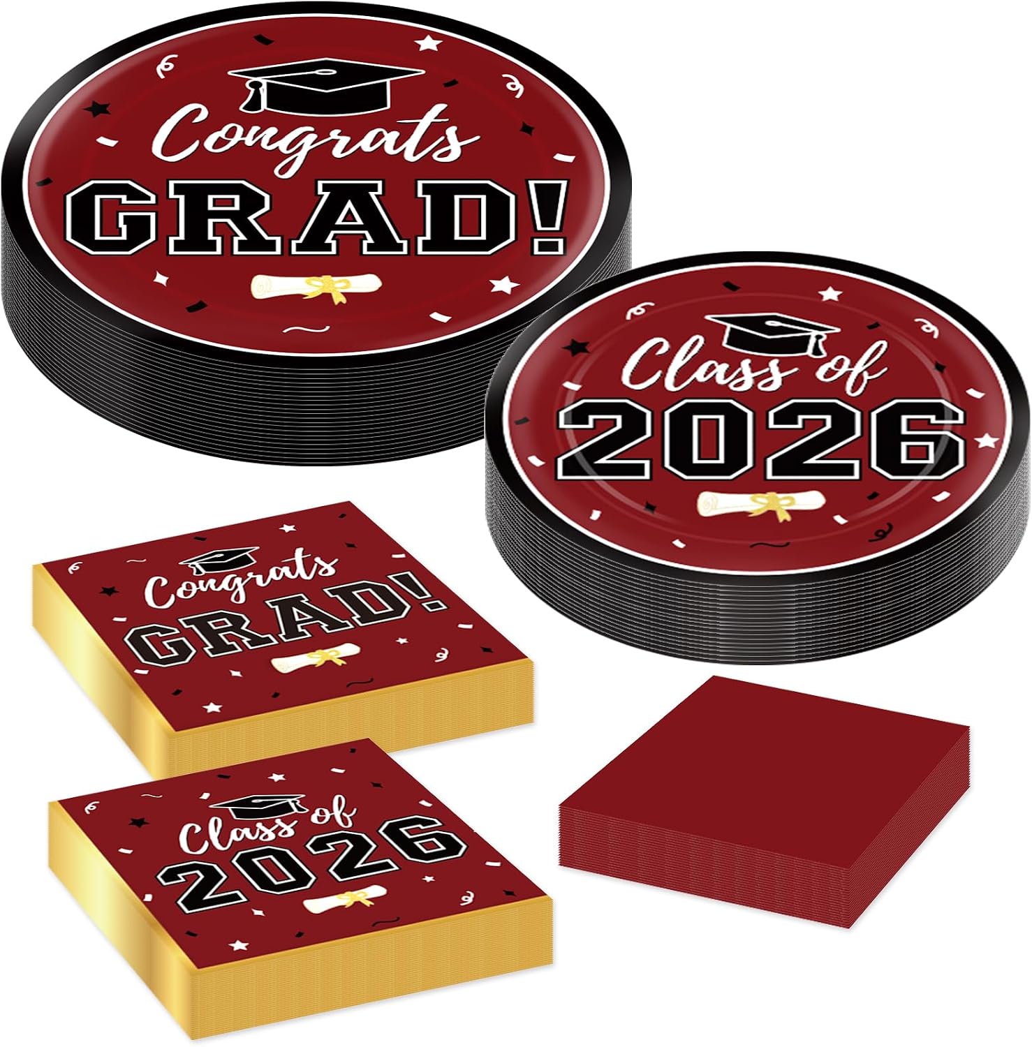 Labrostar Graduation Decorations 2026 Class of 2026 Congrats Grad Disposable Paper Plates Luncheon Napkins Cocktail Napkins Maroon Graduation Party Supplies Serve 50