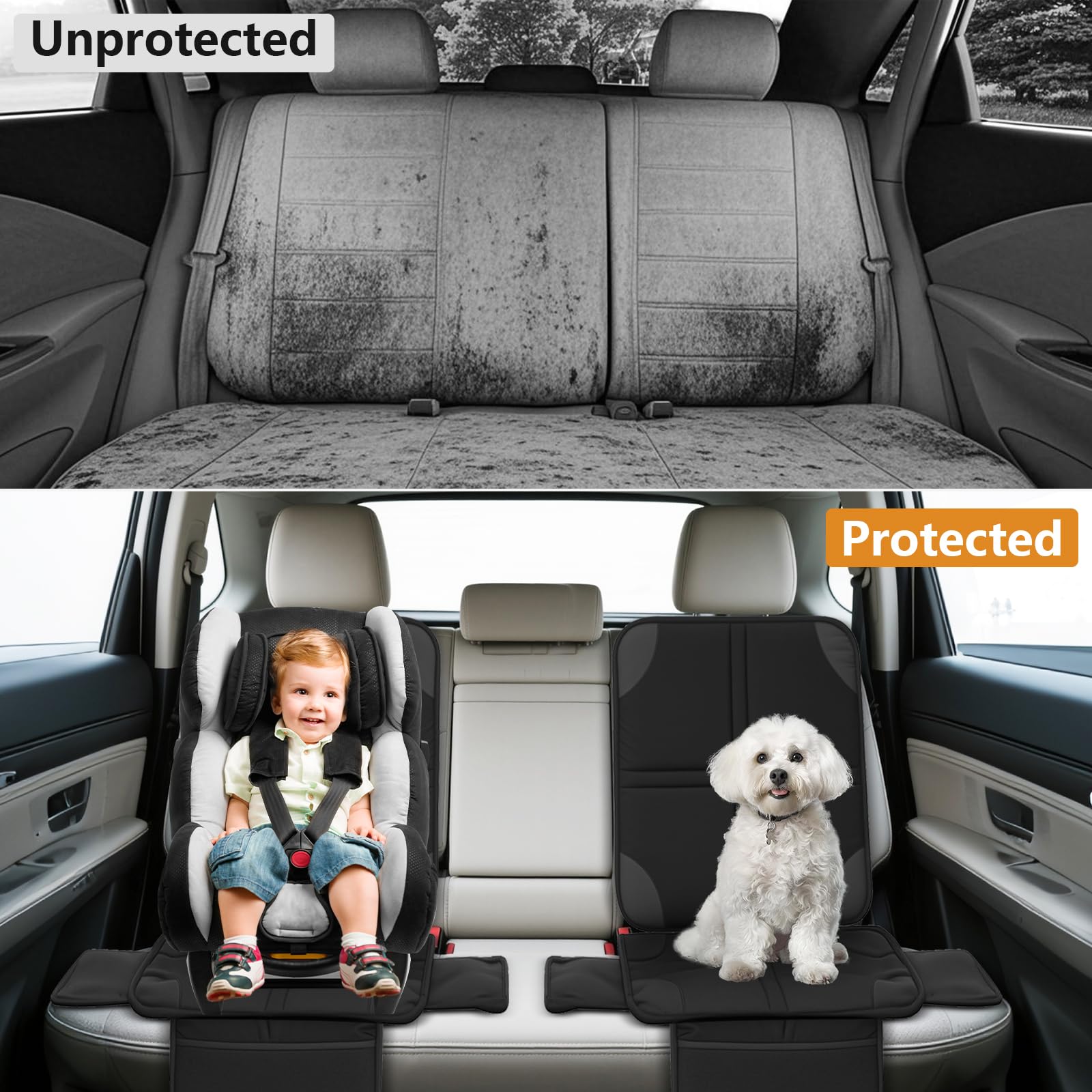 Romon Protezione Sedile Auto, 2 Pezzi Proteggi Per Seggiolino Copri Protettori Sedili Coprisedile Car Impermeabile in Tessuto per Bambini Cane con Tasche Portaoggetti Universale per Suv Berlina, Nero