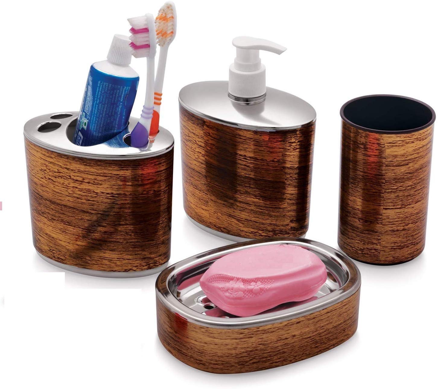 Liza Wooden Bathroom Accessories Set | Liquid Soap Dispenser Soap Case Toothbrush Holder & Glass Set | Bathroom Organizer for Home Washroom Countertop