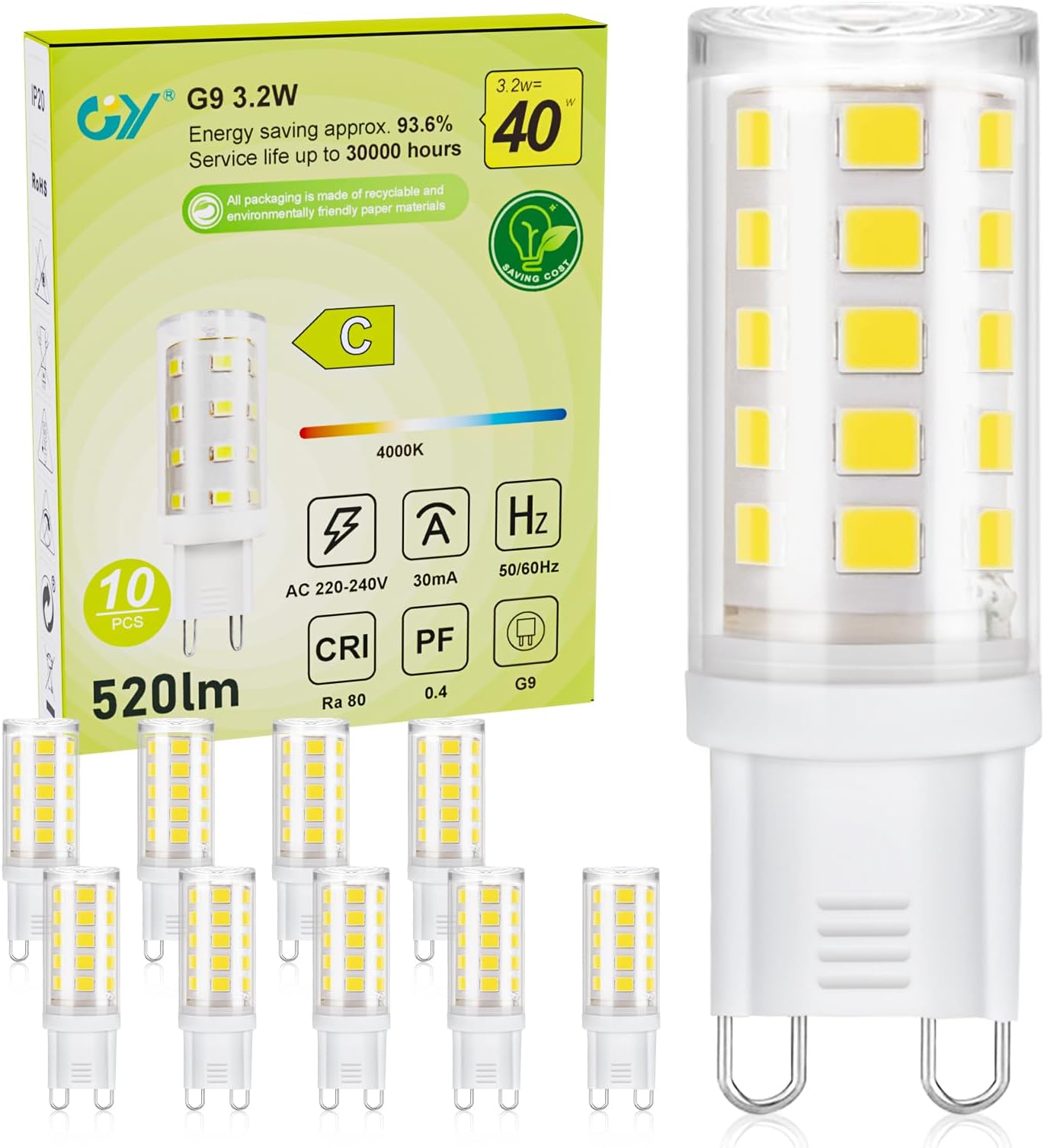 – GY G9 LED Bulbs,3.2W Neutral White 4000K Energy Saving Light Bulbs, Equivalent to 40W 520 Lumen No Flicker, Not Dimmable for Home Lighting Decor,10 Pack