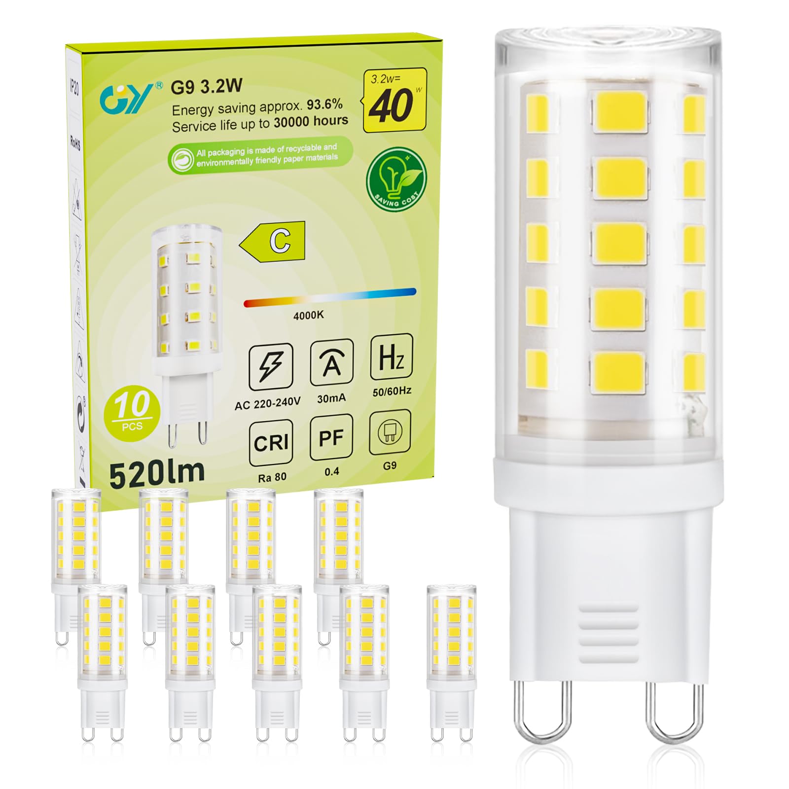 GY GY G9 LED Bulbs,3.2W Neutral White 4000K Energy Saving Light Bulbs, Equivalent to 40W 520 Lumen No Flicker, Not Dimmable for Home Lighting Decor,10 Pack