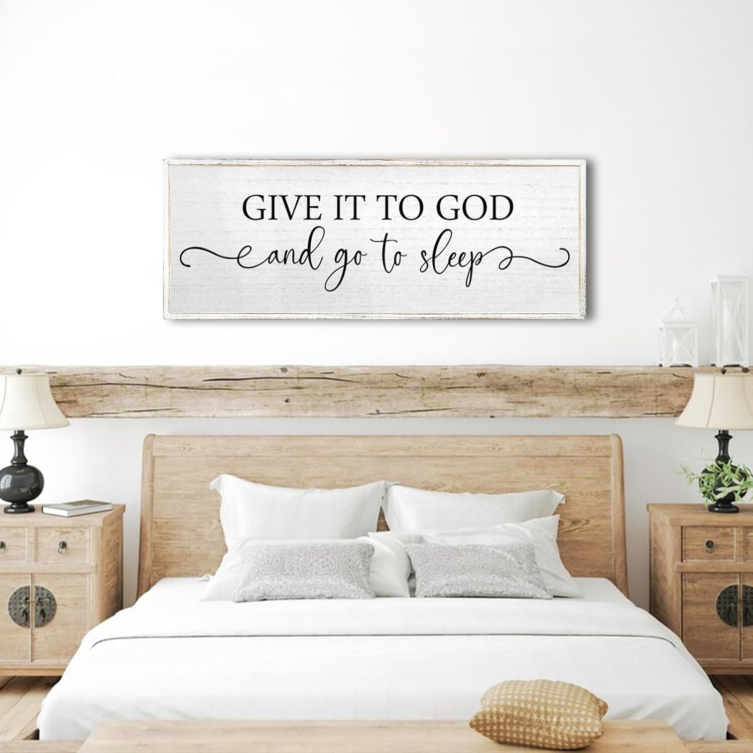 Give It To God And Go To Sleep Wall Decor Sign 40"X15" Master Bedroom Above Bed Wood Framed Large Farmhouse Rustic Over Bed Wall Art Hanging Decoration (White)
