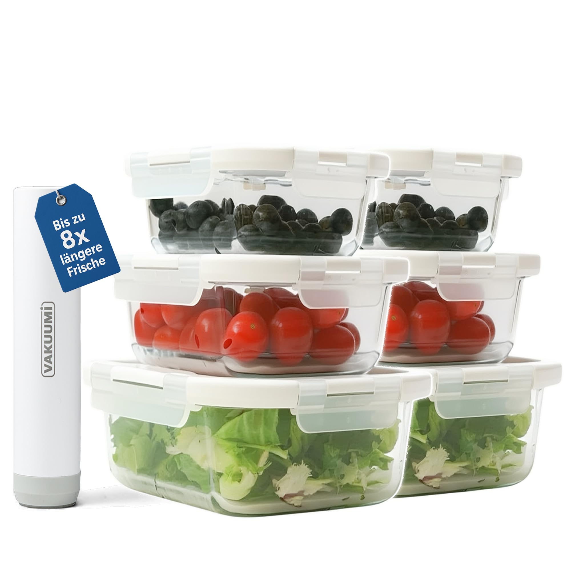 Vakuumbehälter mit Pumpe – 6-teiliges Set aus Glas mit wiederaufladbarer Vakuumpumpe – BPA frei, spülmaschinenfest, hitzebeständig & gefriergeeignet inkl. Thermo Lunchbox Tasche