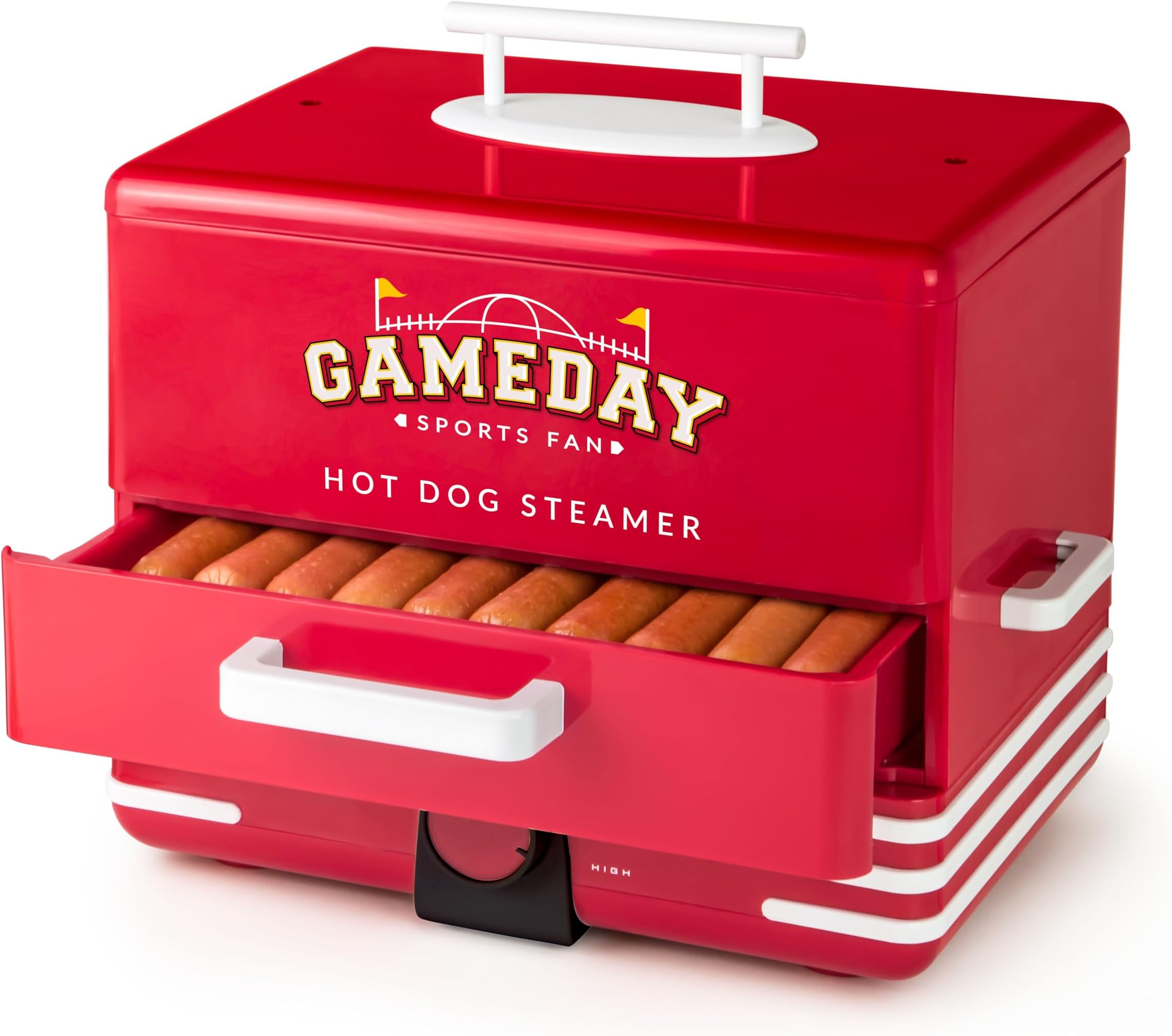 Nostalgia Game Day Hot Dog Streamer and Bun Wamer, Fits 20 Dogs and 8 Buns, Steams Pot Stickers, Veggies, Potatos, and Other Appetizers or Toppings