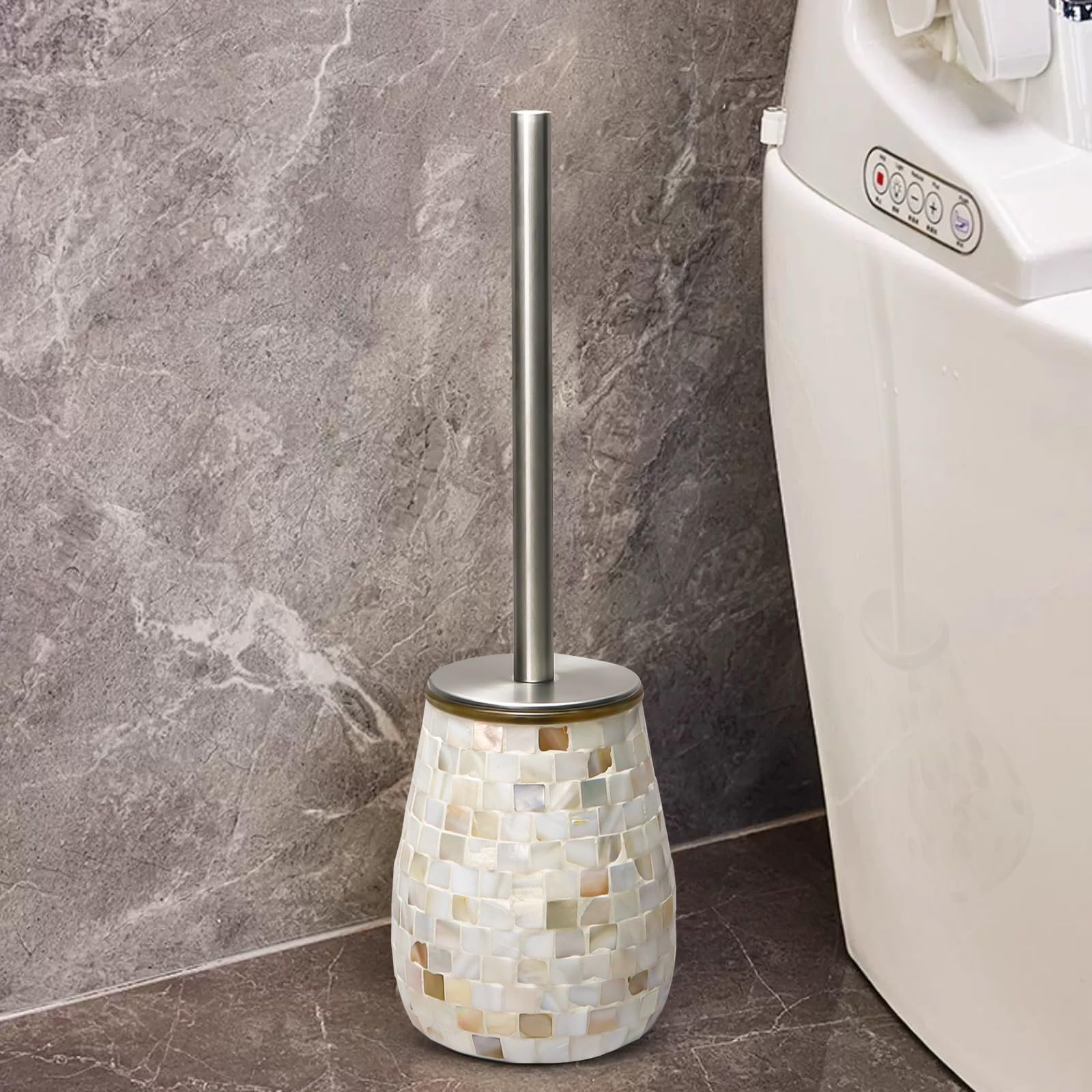 WDHODEC Natural Shell Toilet Brush and Holder Set Mosaic Glass, Stainless Steel Toilet Scrubber Brush, Decorative Toilet Bowl Brush and Holder, Luxury