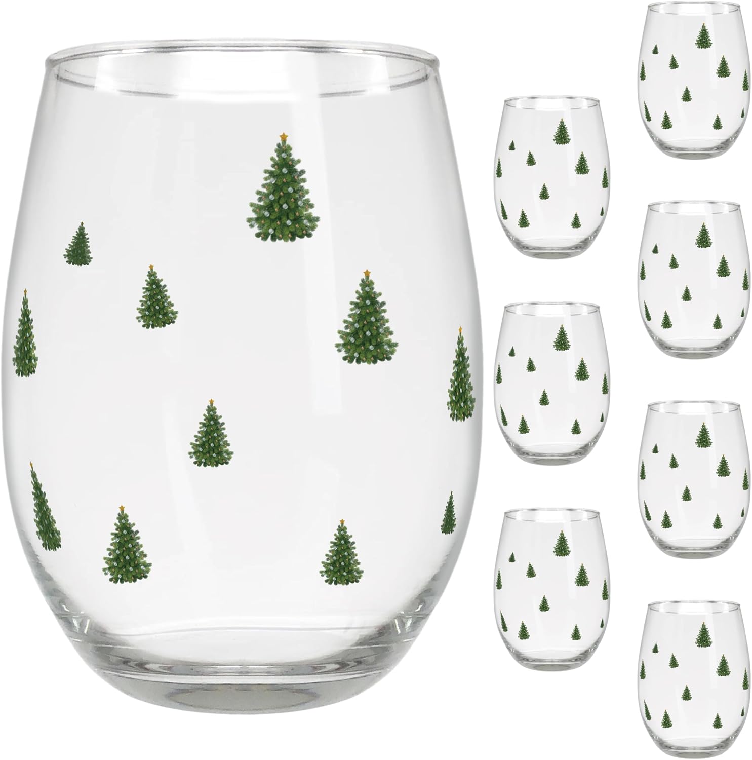 BANBERRY DESIGNS Wine Glasses with Evergreen Tree Design - Christmas Wines - Stemless Glasses with Holiday Trees - 20 oz Capacity - Set of 8