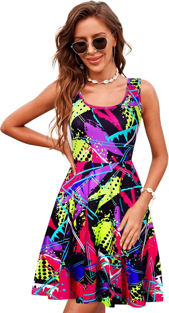 uideazone Women Funny Print Sleeveless U Neck A Line Casual Midi Dress