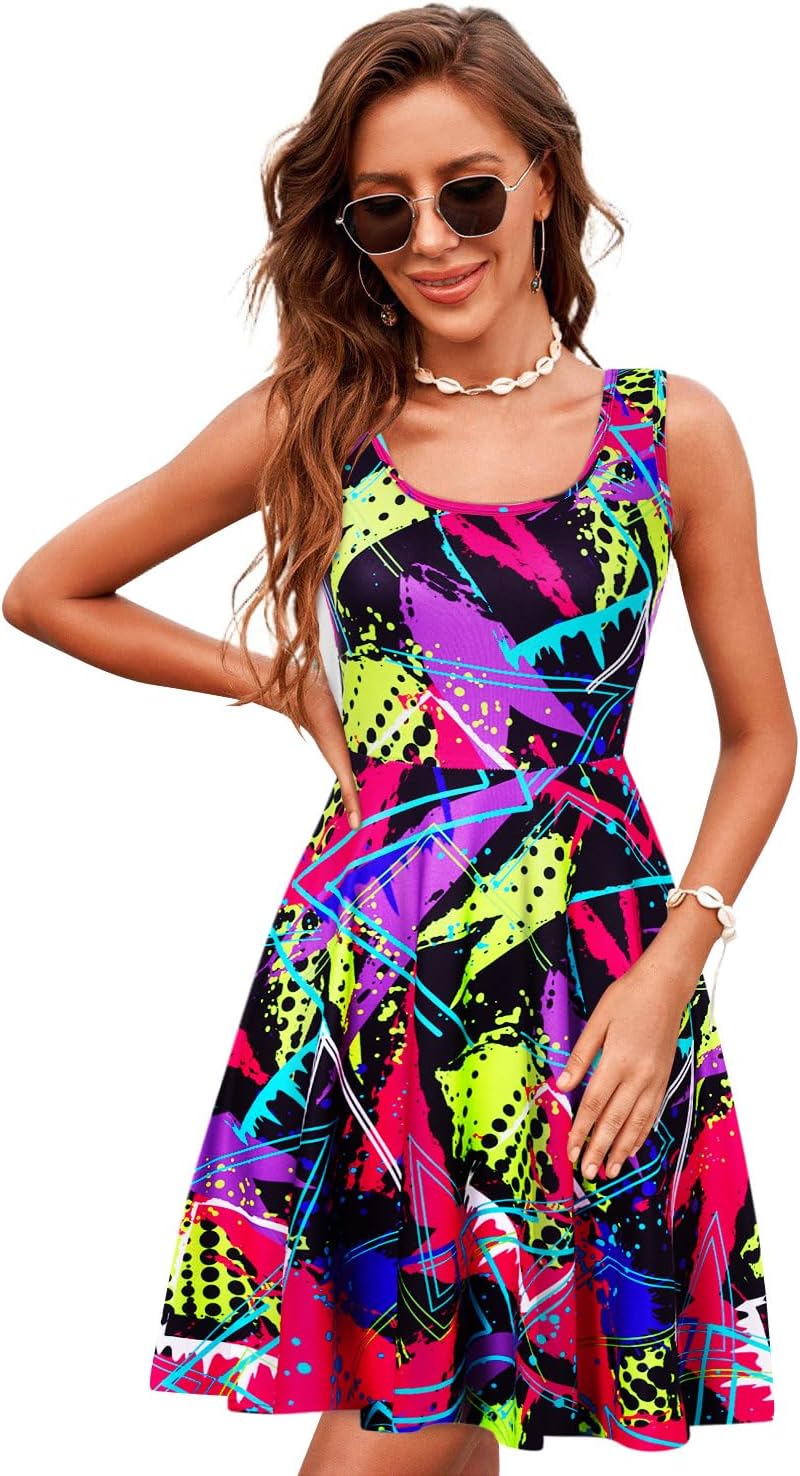 uideazone Women's Sleeveless Dress Summer Beach Casual Scoop Neck Print Flared A Line Stretchy Sundress