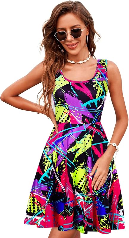 uideazone Women Funny Print Sleeveless U Neck A Line Casual Midi Dress