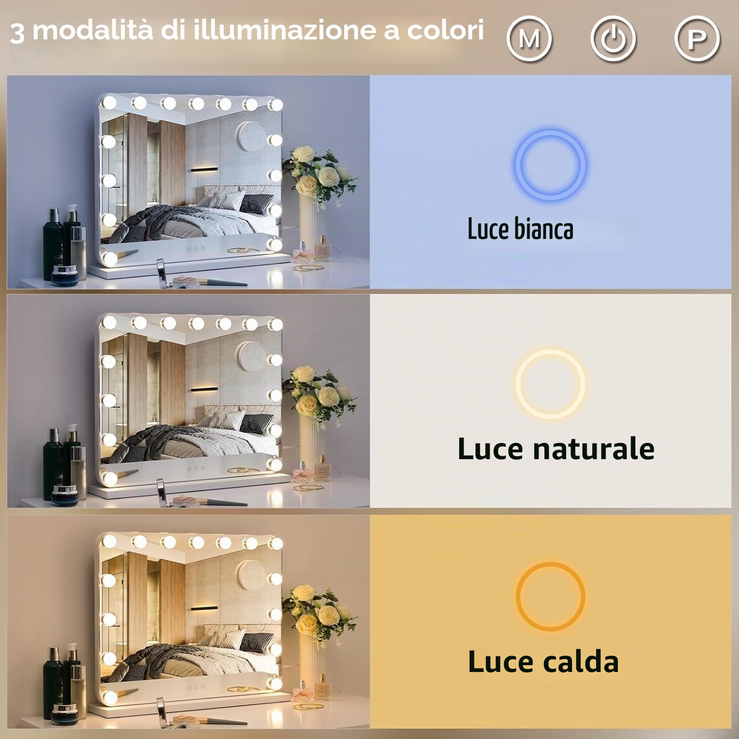 Clevich Hollywood Specchio Trucco con Luci, 58 x 46 cm Specchio con 15 Luci LED, 3 modalità Luce e controllo touch, porta USB, Specchi da parete o da tavolo (Bianco)