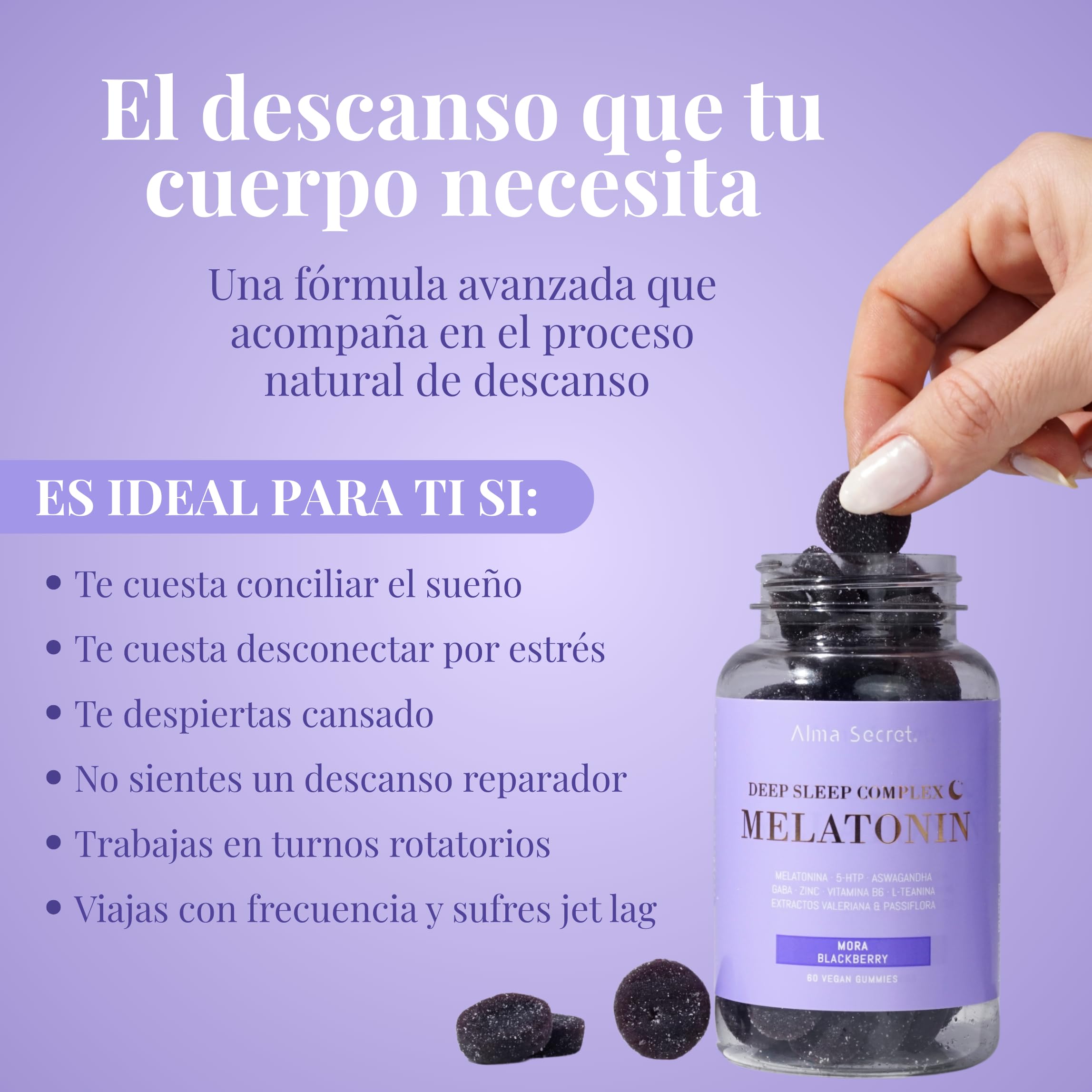 Alma Secret | Deep sleep complex melatonin | Gummies veganas para un descanso profundo y mejorar el sueño | Con Melatonina, Ashwagandha Sensoril®, GABA y L-Teanina | Ayuda a dormir y manejar el estrés
