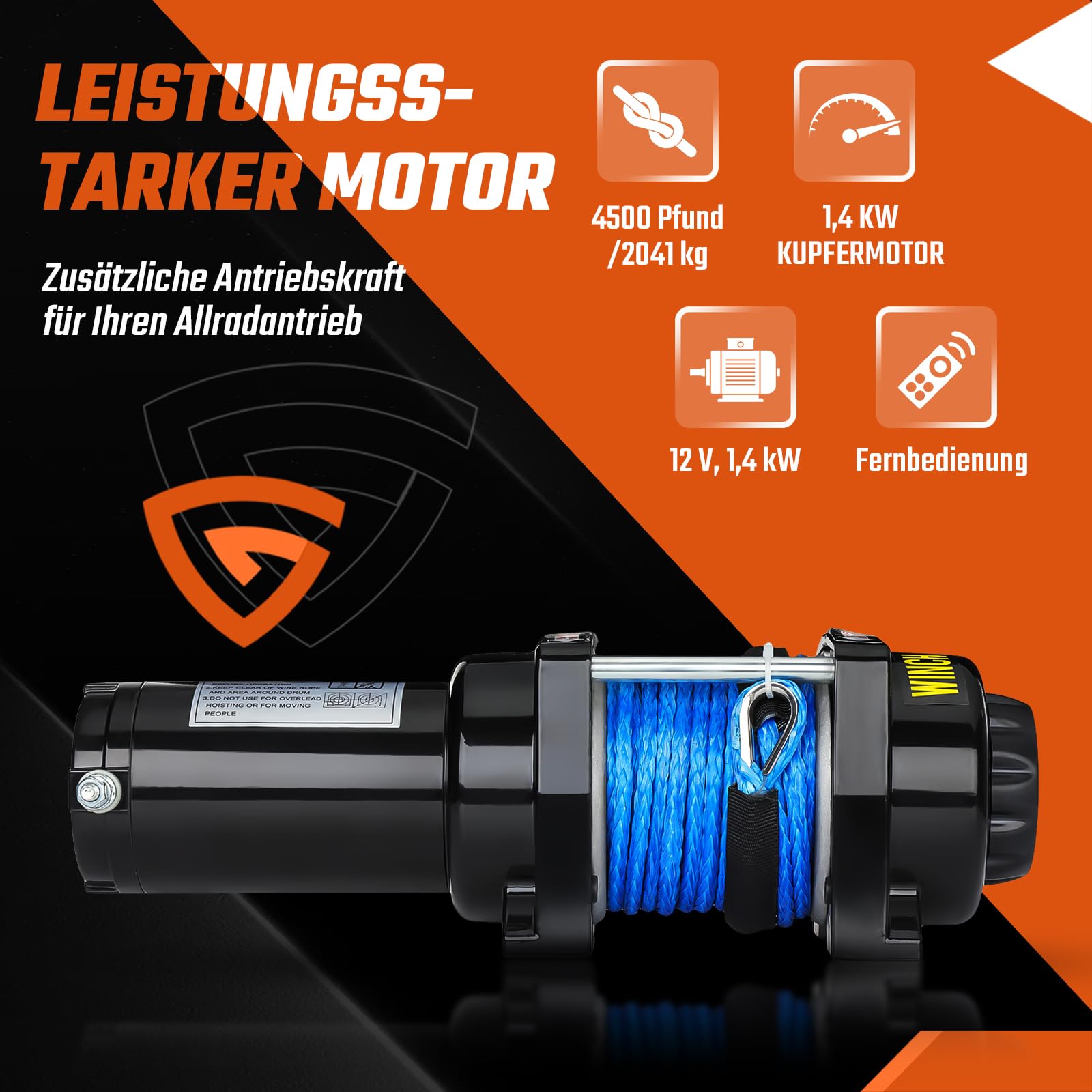 Elektrische seilwinde 12V 2041kg / 4500lbs, Motorwinde Seilzug Elektrowinde 1,4kW Motor, mit Dyneema-Seil, Funk & Kabel Fernbedienung, Wasserdicht, Seilfenster, für UTV, SUV, Boot, Anhänger