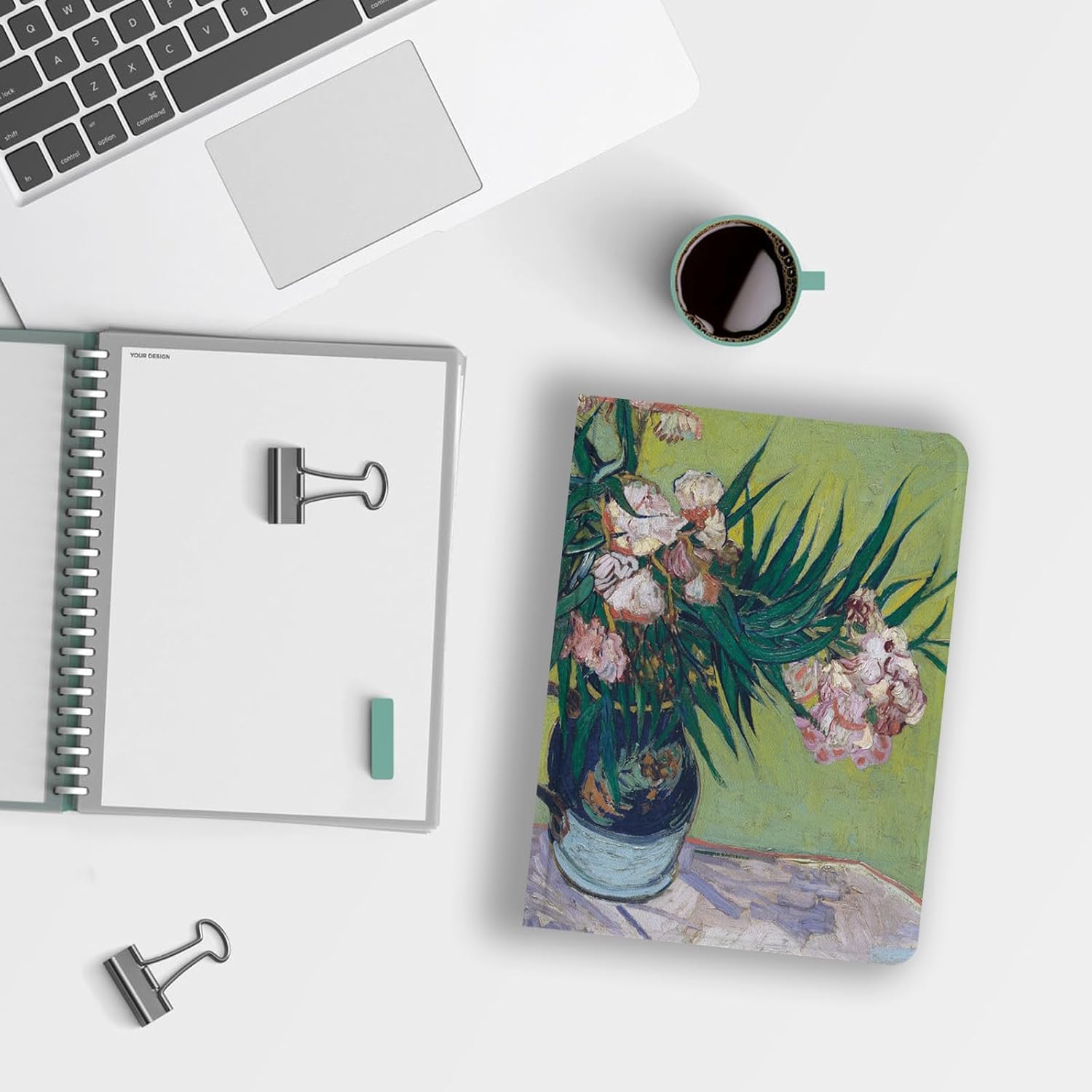 Compatible with iPad Case 9/8/7th Gen 10.2" / iPad Air 3rd 10.5" - Folio Cute Slim Cover - Multi-Angle Viewing - PU Leather with Pencil Holder - Green Still Life Van Gogh Pink Oleanders