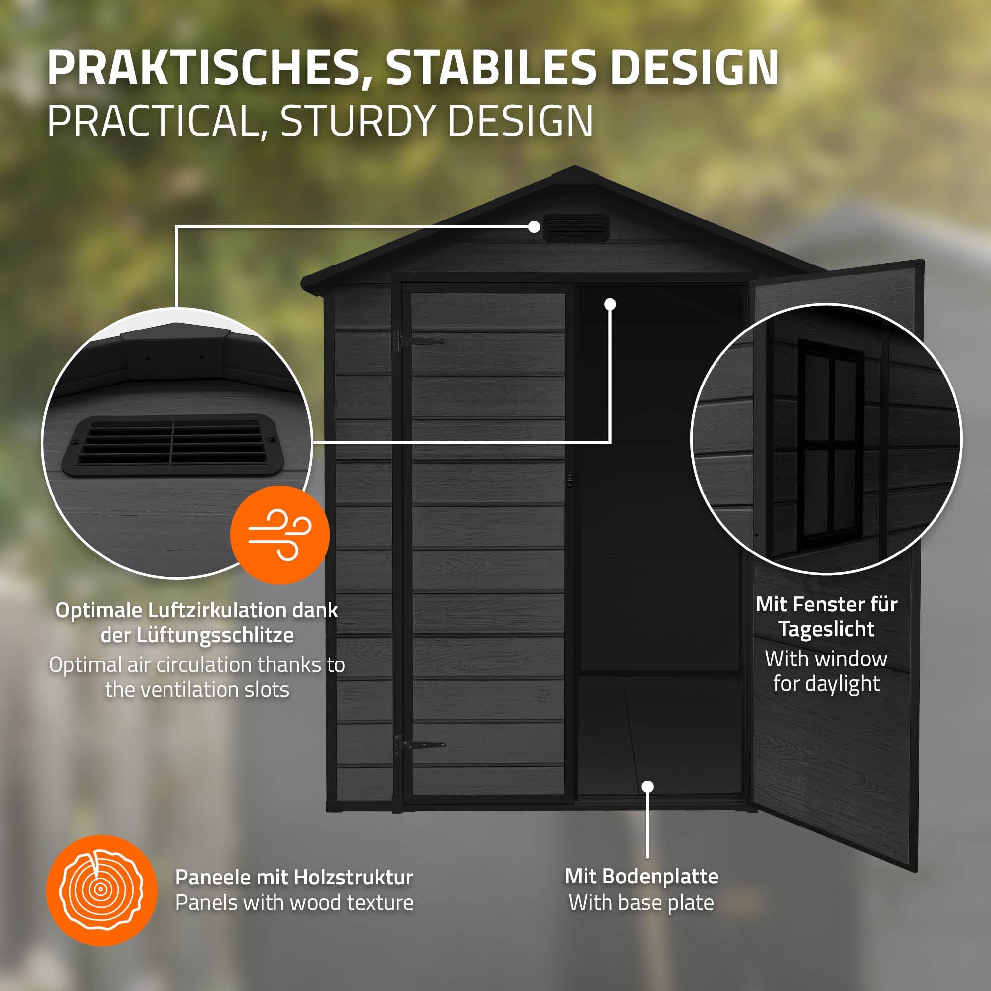 ECD Germany Caseta de Jardín con Suelo, 5m³ 151x182x220 cm, Gris Oscuro, Cobertizo Exterior de Plástico para Almacenamiento de Herramientas, con Tejado en Dos Aguas, Puerta y Ventana de Ventilación - 3