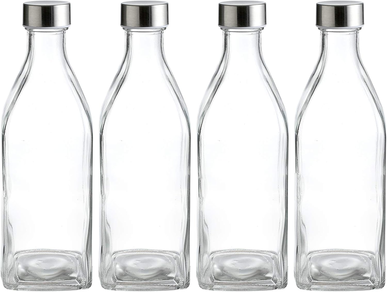 WHOLE HOUSEWARES | Square Glass Bottle With Stainless Steel Leak Proof Lid | 34 Ounce Reusable Drinking Water Bottles, Great for Water & Juice | Pack of 4 (Clear)