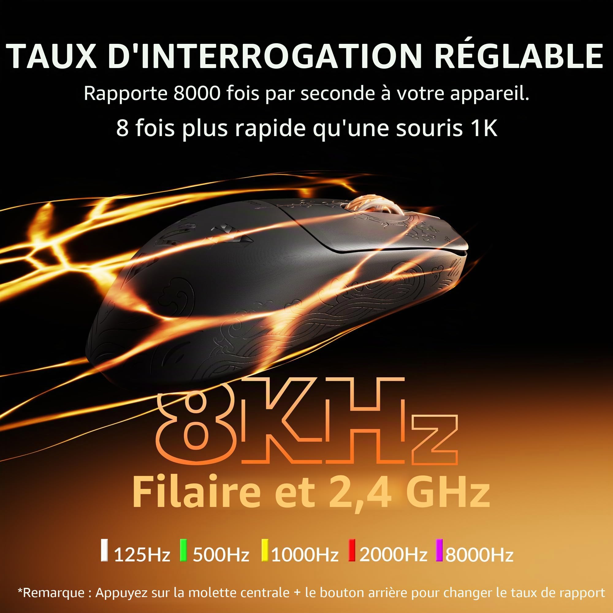 Keychron G3 8K Souris Gaming en Fibre de Carbone, Ultralégère 44g, 8000 Hz, 2,4 GHz/BT 5.3/USB-C, PixArt 3950, 30000 DPI, 160 Heures d‘Autonomie, 5 Boutons Programmables, Idéale pour l'e-Sport et FPS