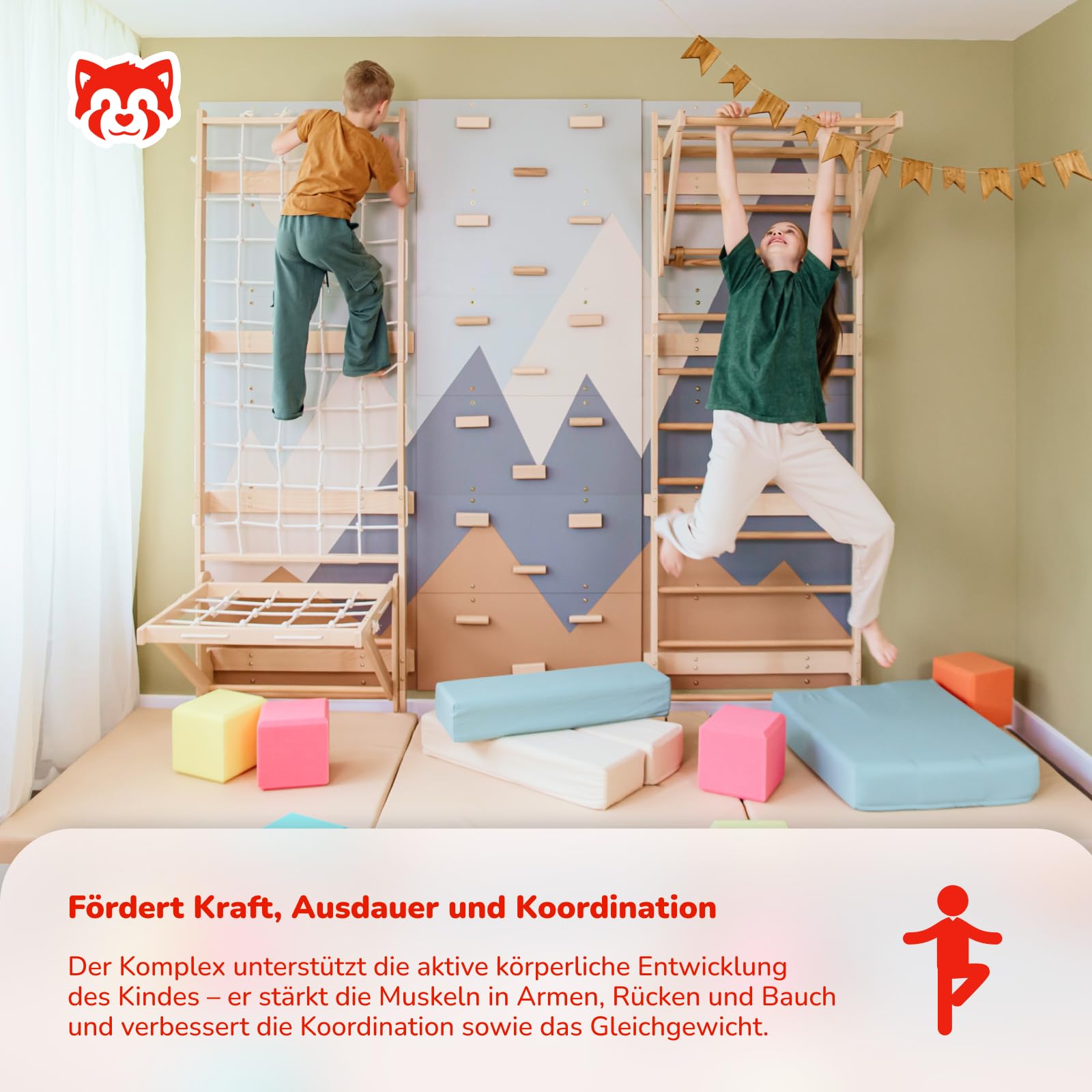 Wood And Hearts Sprossenwand, Klettergriffe, Kletterwand kinderzimmer, Klettern, Indoor Spielplatz, Klettersteine, Baby Klettern Indoor, Spielplatz (Kletterwand-Gym + Sit-Up-Stange)