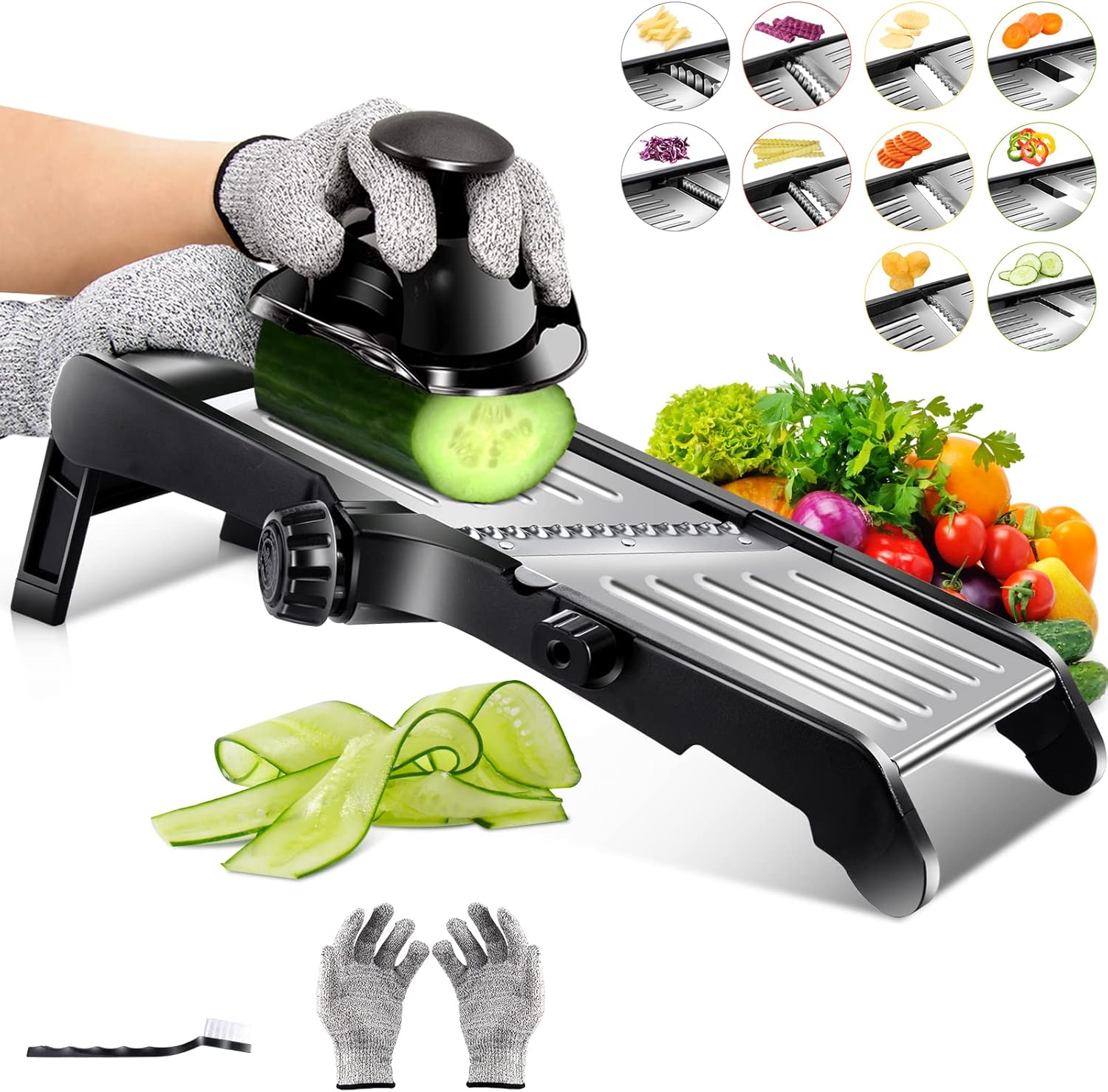 Almcmy Mandoline Food Slicer, Stainless Steel Adjustable Mandoline Slicer for Kitchen, Vegetable Slicer with Waffle Maker & Cut-Resistant Gloves, Vegetable Chopper Potato Slicer French Fry Cutter