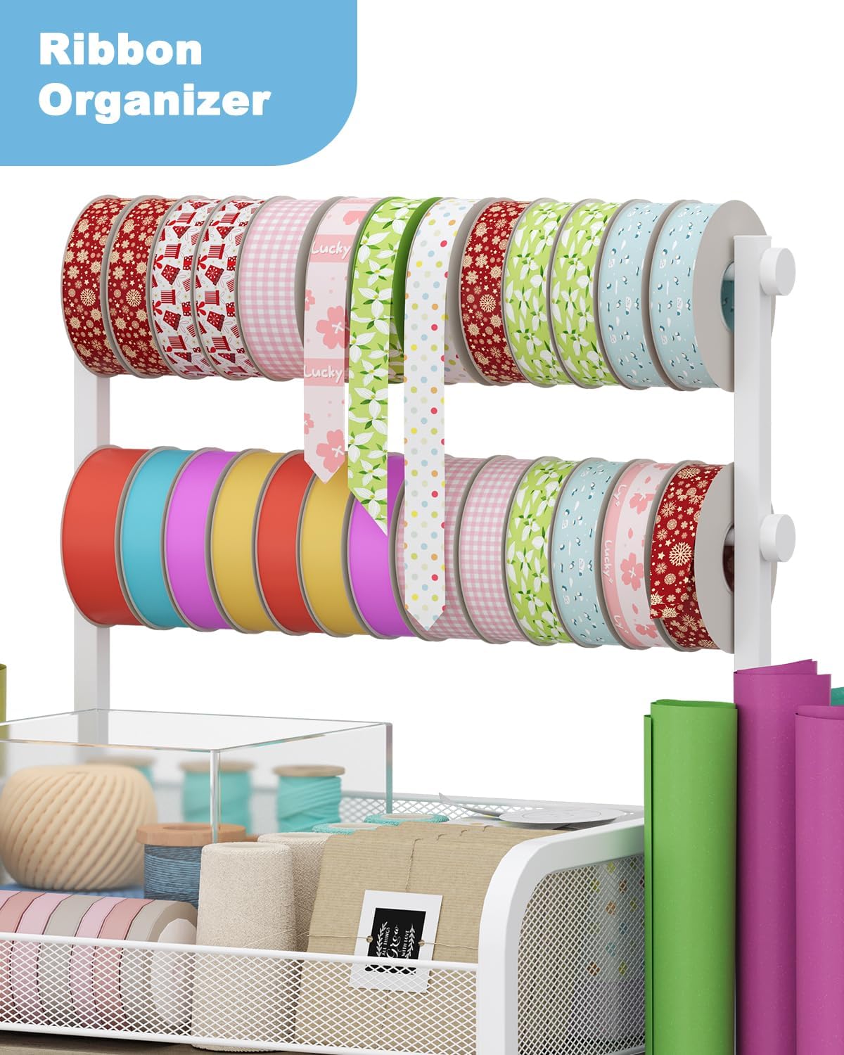 Rsaayekkt Wrapping Paper Storage Cart with Wheels, Rolling Gift Wrap Station with Fabric Drawer and Ribbon Holder, Metal Rolling Craft Cart, Craft Organizers and Storage Christmas