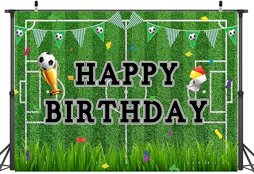 Miniatura 2 de Lofaris Telón de fondo de feliz cumpleaños con temática de fútbol de feliz cumpleaños, campo de fútbol deportivo, fondo de fotografía para niños,