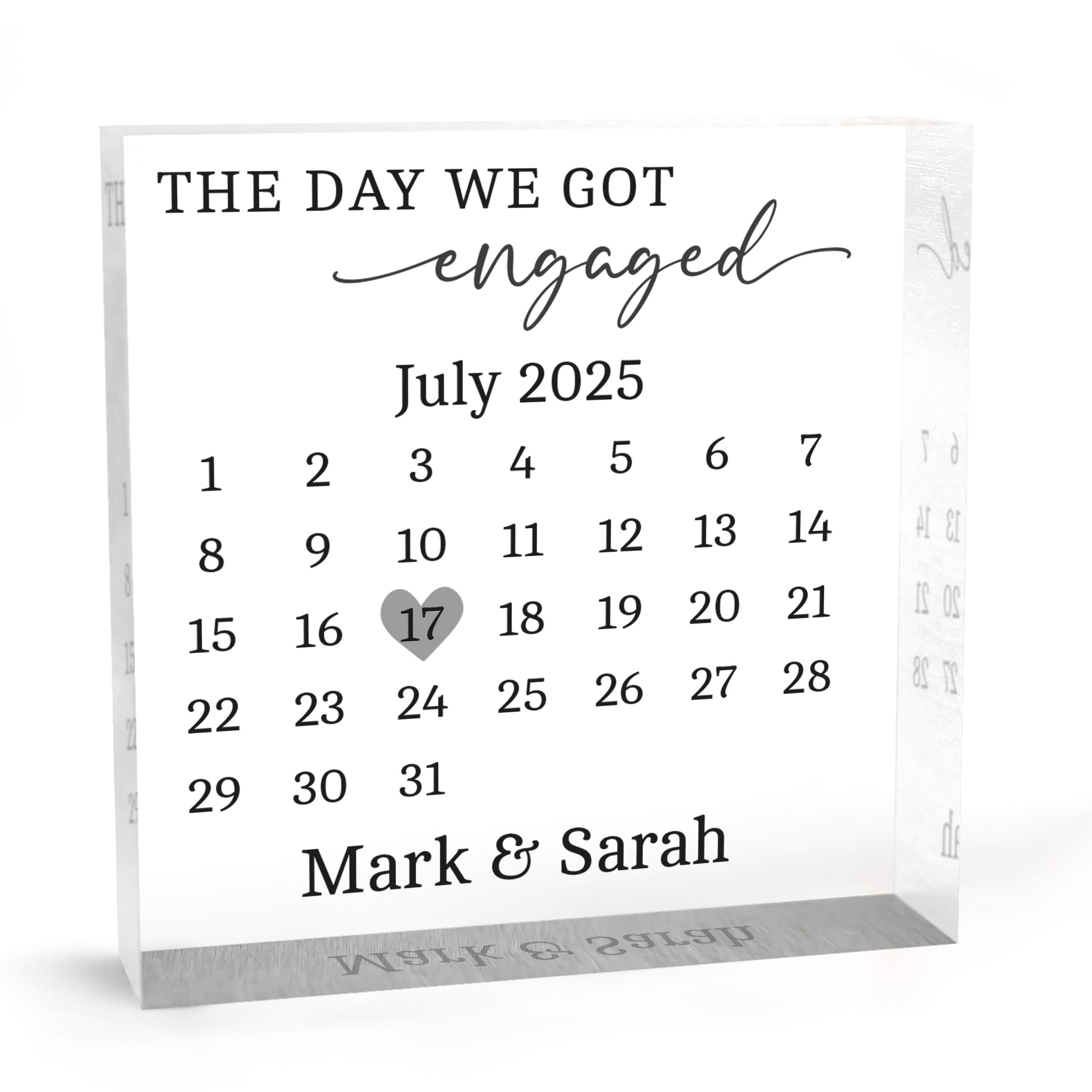 Beecreative Personalised Fiance Engagement Gifts - Clear Acrylic Keepsake Ornament - Custom The Day We Got Engaged Present For Newly Engaged Couple - With Grey Bag