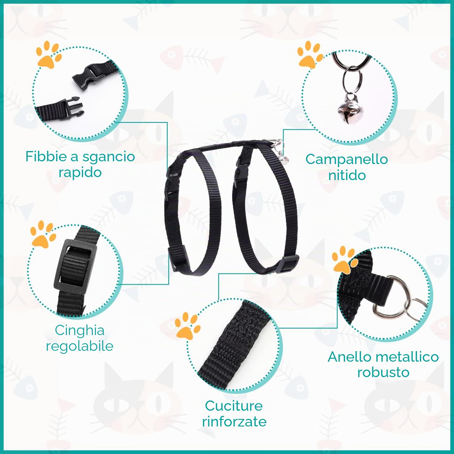 Nobleza Pettorina per Gatti con Guinzaglio Integrato, Imbracatura Regolabile per Gatti Piccoli e Cuccioli, Nero, Size W1.0*L120cm