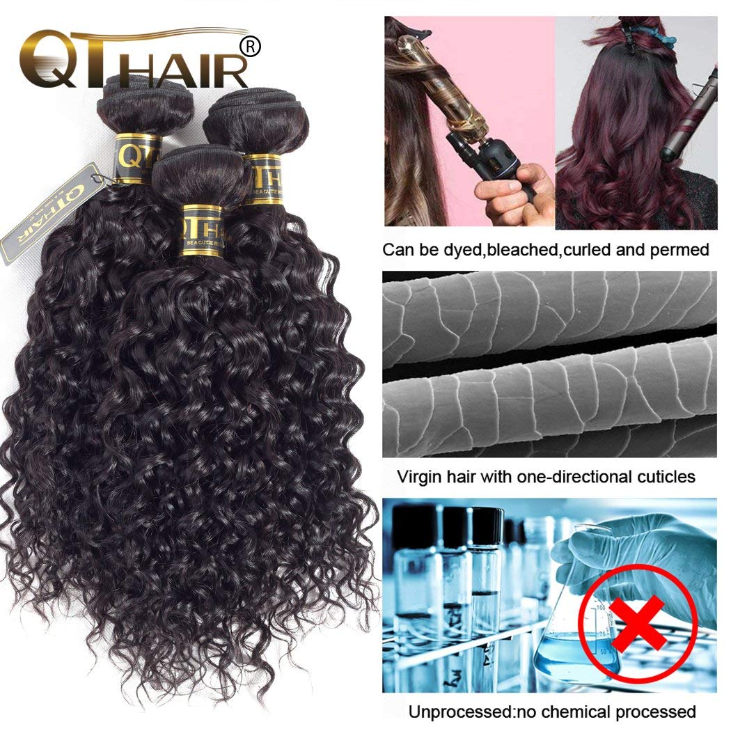 QTHAIR 18A Water Wave Human Hair Bundles with Lace Frontal(18" 20" 22"+16",Natural Black) Virgin Brazilian Hair Bundles Hair Water Wave Lace Frontal with Bundles