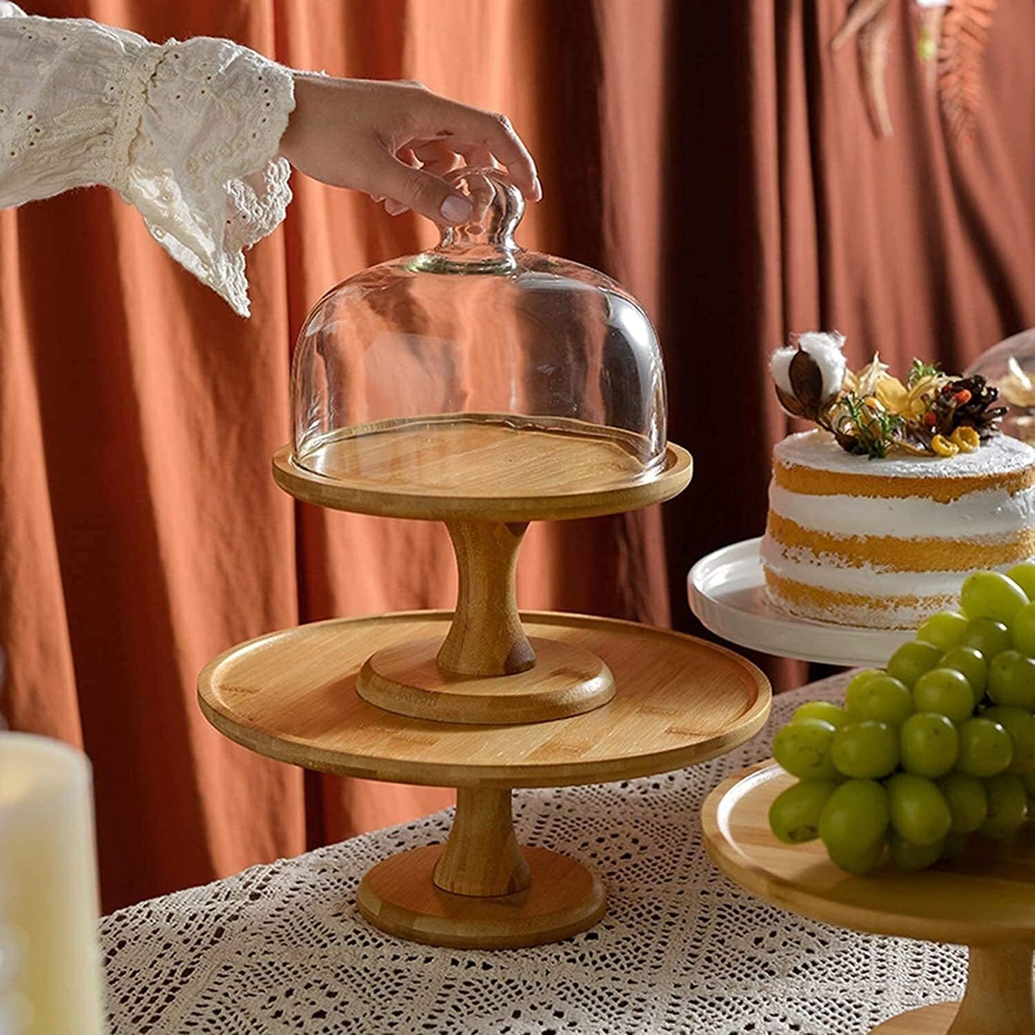 Wooden Cake Pan And Dome Transparent Glass Dust Cover Theme Party Bar Fruit Display And Decorative Tray Pastry (Size : 24.8cm) (24.8cm) image 3
