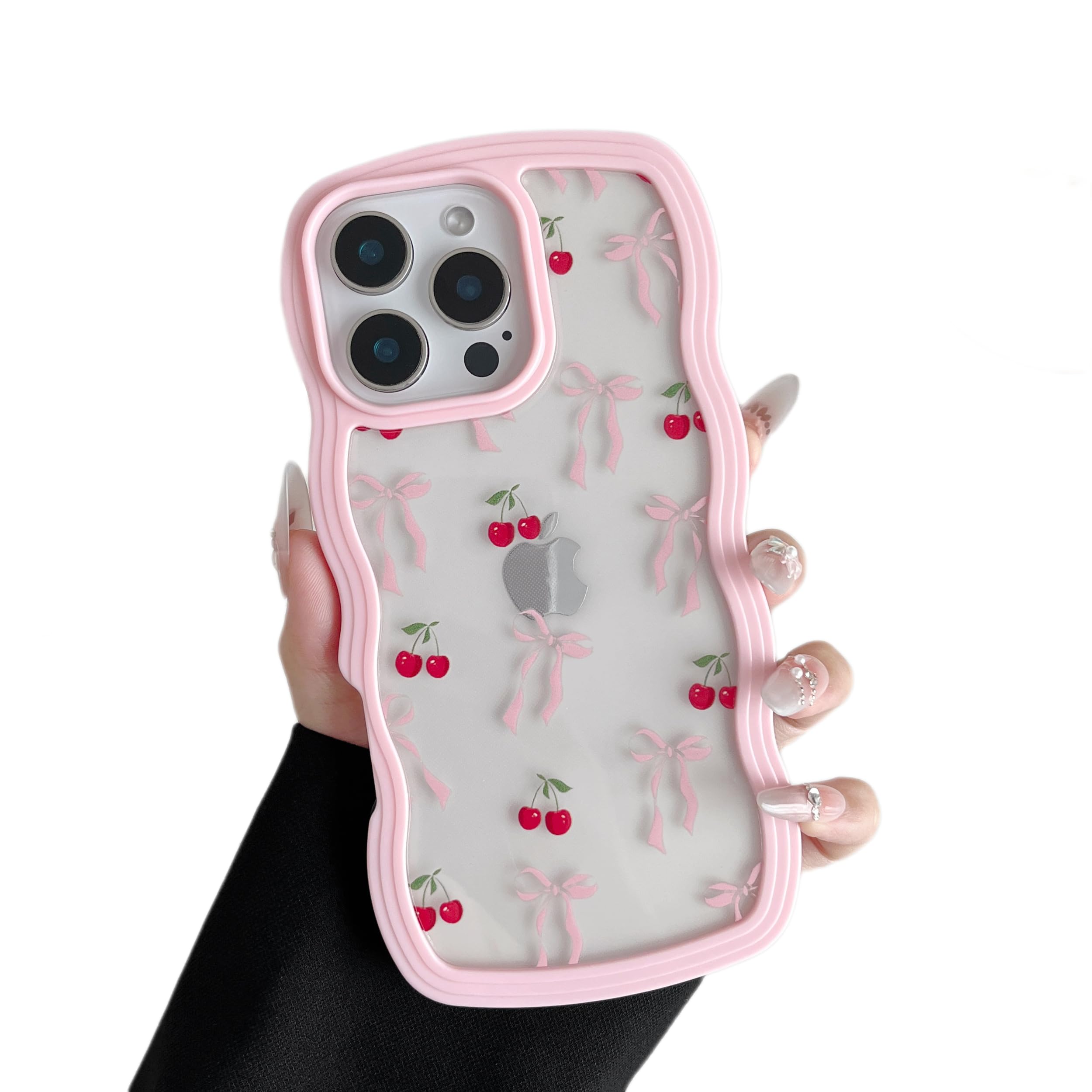 ZTOFERA for iPhone 16 Pro Max Case 6.9 inch,Cute Curly Wave Frame Shape Case with Cherry Ribbon Bow Pattern, Clear Slim Shockproof Hard PC Bumper