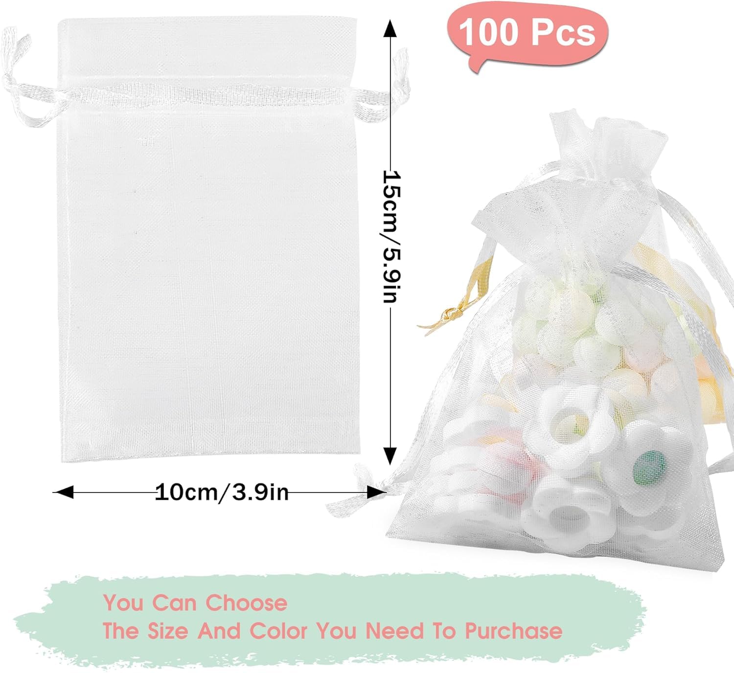 100 Sztuk 10x15 Cm Organza Pouch, Z Sznurkiem Do Zaciągania, Idealne Do Przechowywania Biżuterii, Upominków Ślubnych, Cukierków, Perfum, Lub Suszonej Lawendy