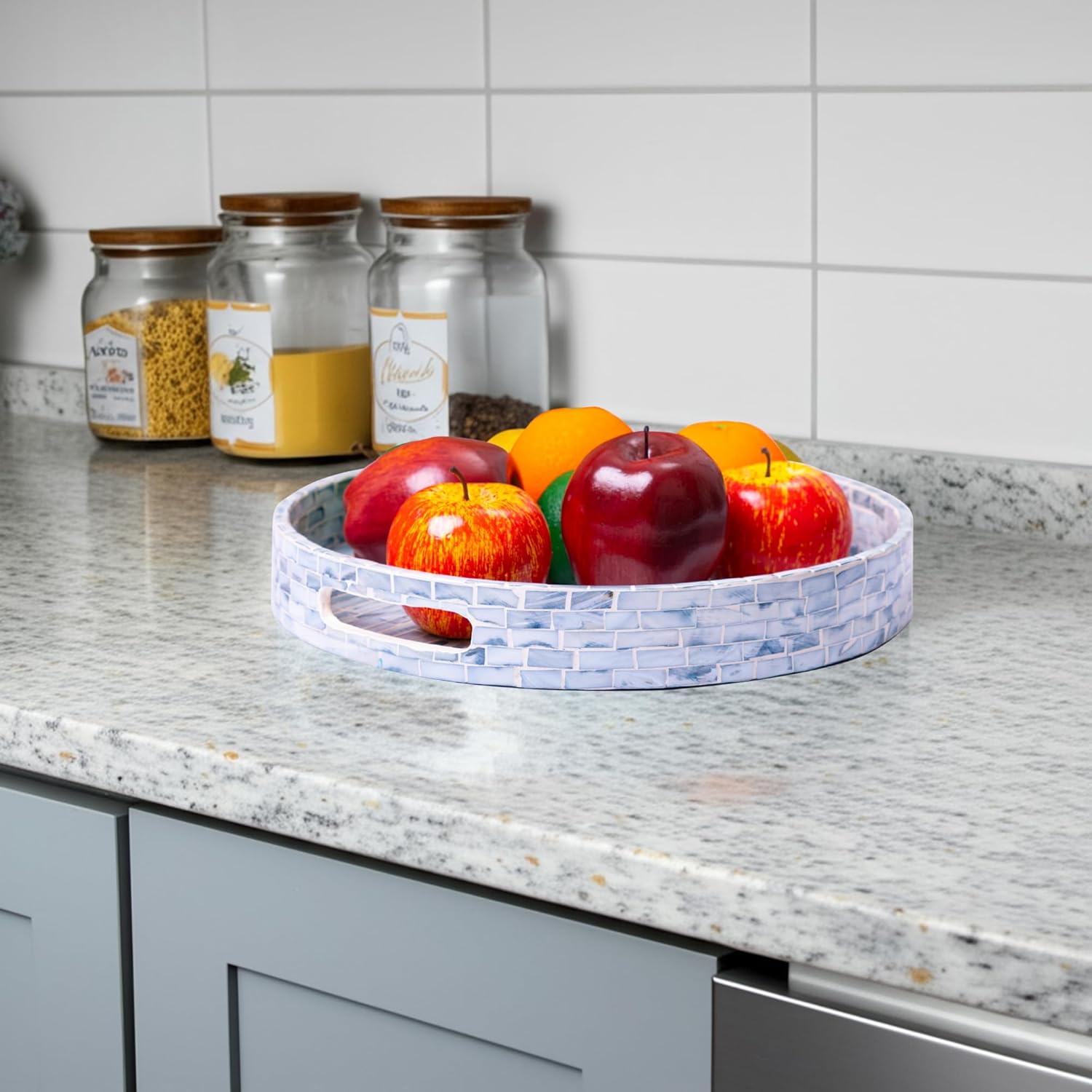 CLAYNIX Serving Tray 12.5 Inch Round, Wooden Lacquer Tray with Mother of Pearl Inlay, Elegant Tea & Breakfast Tray with Handles (Round) - Image 4