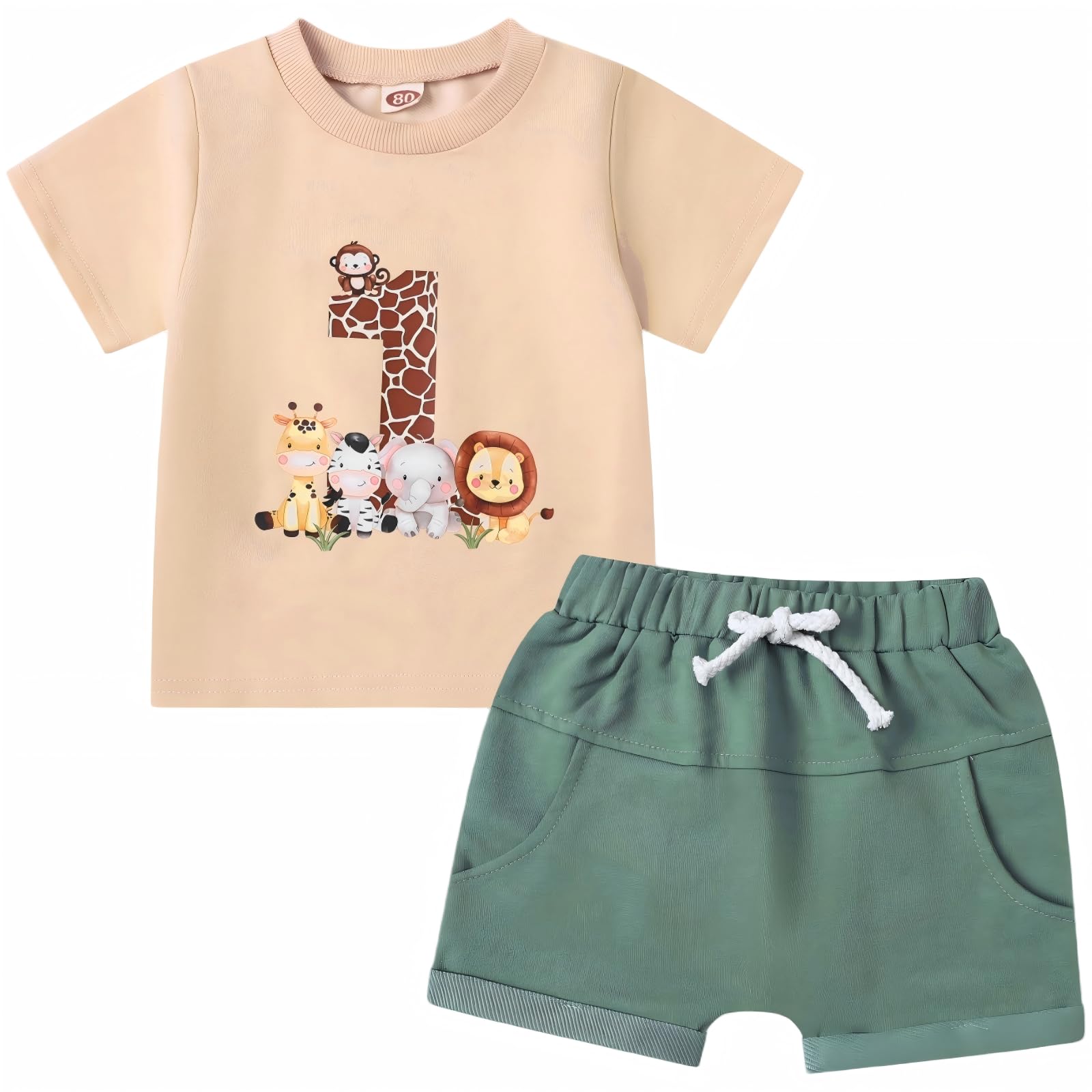 Ensemble Bébé Garçon 1An Vetement Anniversaire 1 An Garcon Cadeau Bebe 1 An Garcon Haut à Manches Courtes à Imprimé Animal + Pantalon Tenue de Fête Birthday 1er Ans