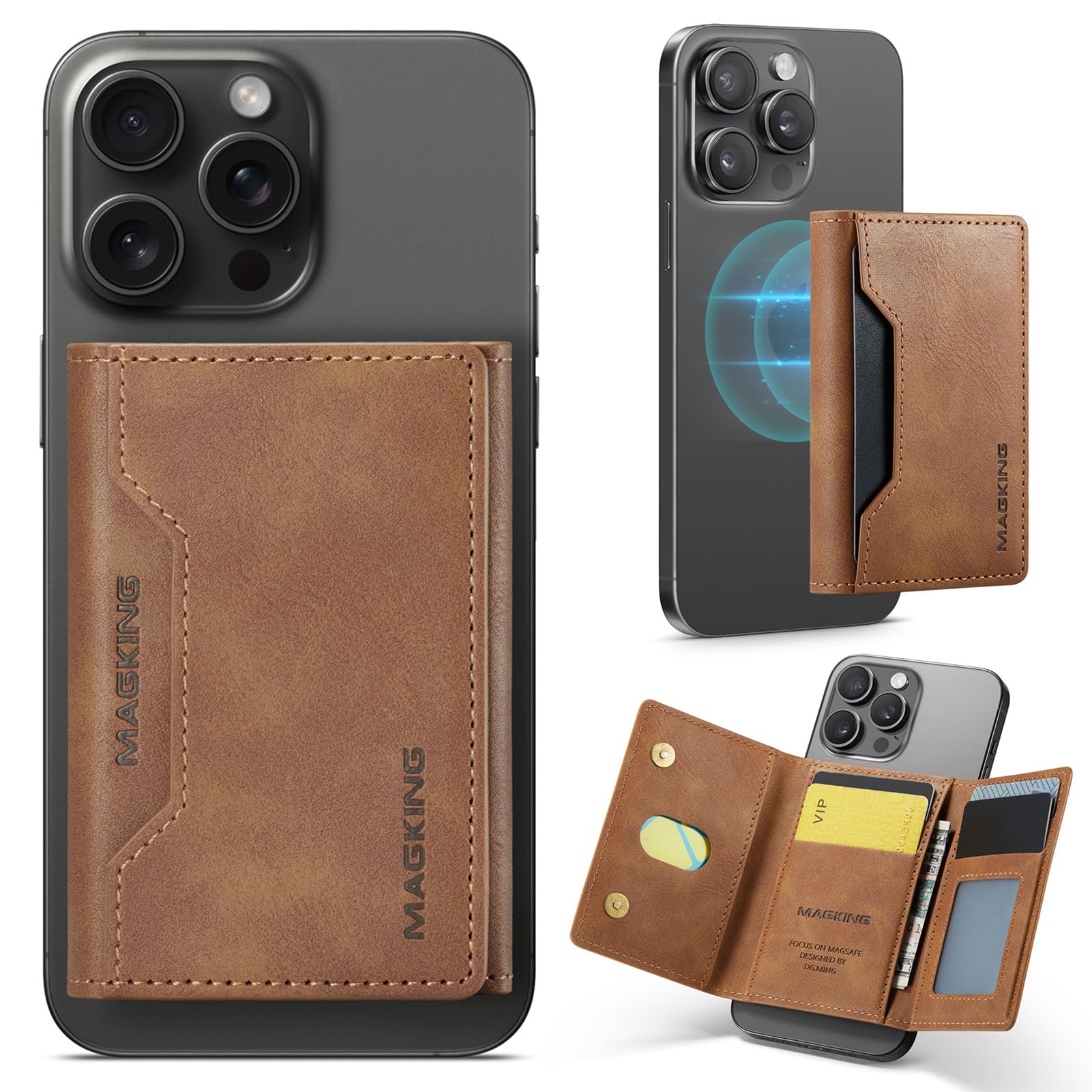 Portefeuille Cuir PU RFID 8 Cartes pour iPhone 17/16/15/14/13/12 Marron