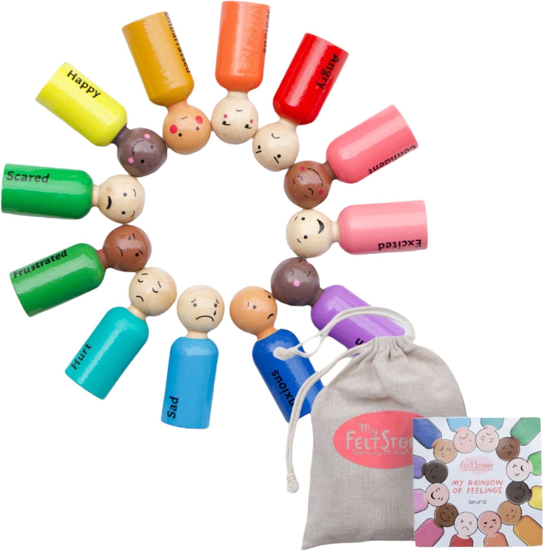 My Felt Story Set of 12 - Rainbow Wooden Peg Dolls with Emotions | Multicultural Skin Tone Figures | Sensory Autism Toys for Toddlers, Early Education, Social Emotional Therapeutic Learning