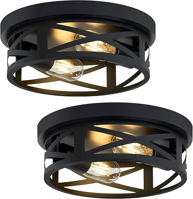 ZHU YAN 2 Pack Black Flush Mount Plafond Light,Farmhouse Metal Cage Black Light fixture Plafond Mount for Kitchen Entryway Hallway E26 Base (10.63in)