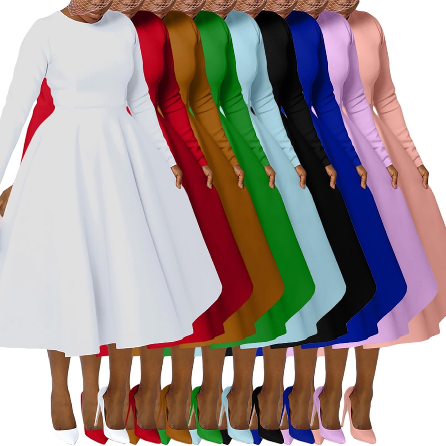 Women's 2025 Crew Neck Long Sleeve High Waist Midi Dress Elegant Wedding Guest Party Cocktai Formal Dresses - Image 3