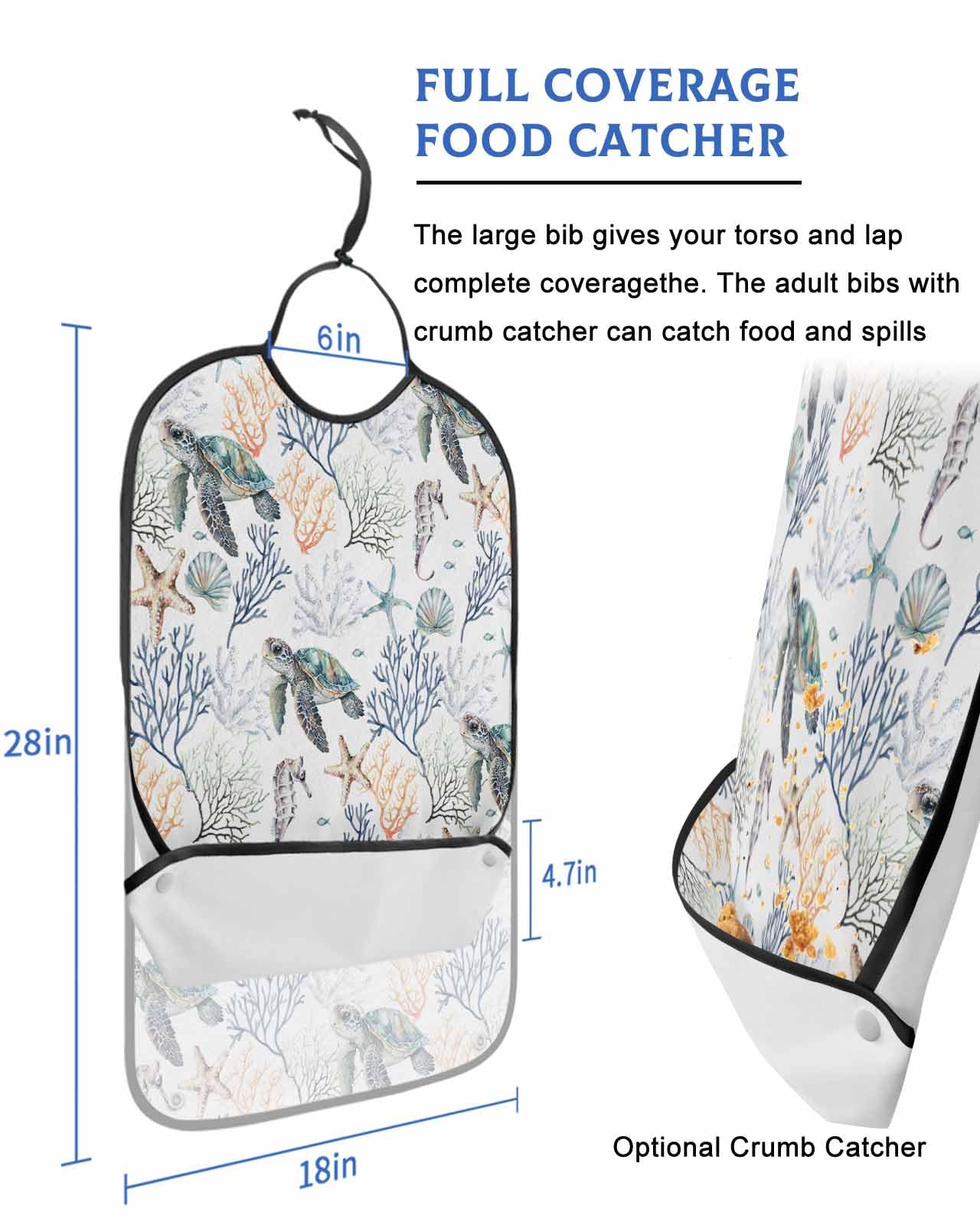 LEOKOTI Nautical Coastal Adult Bibs for Eating, Waterproof Bibs with Food Catcher & Adjustable Snap Closure, Orange Blue Coral Sea Turtle Beach Washable Clothing Protectors Adult Bibs for Elderly