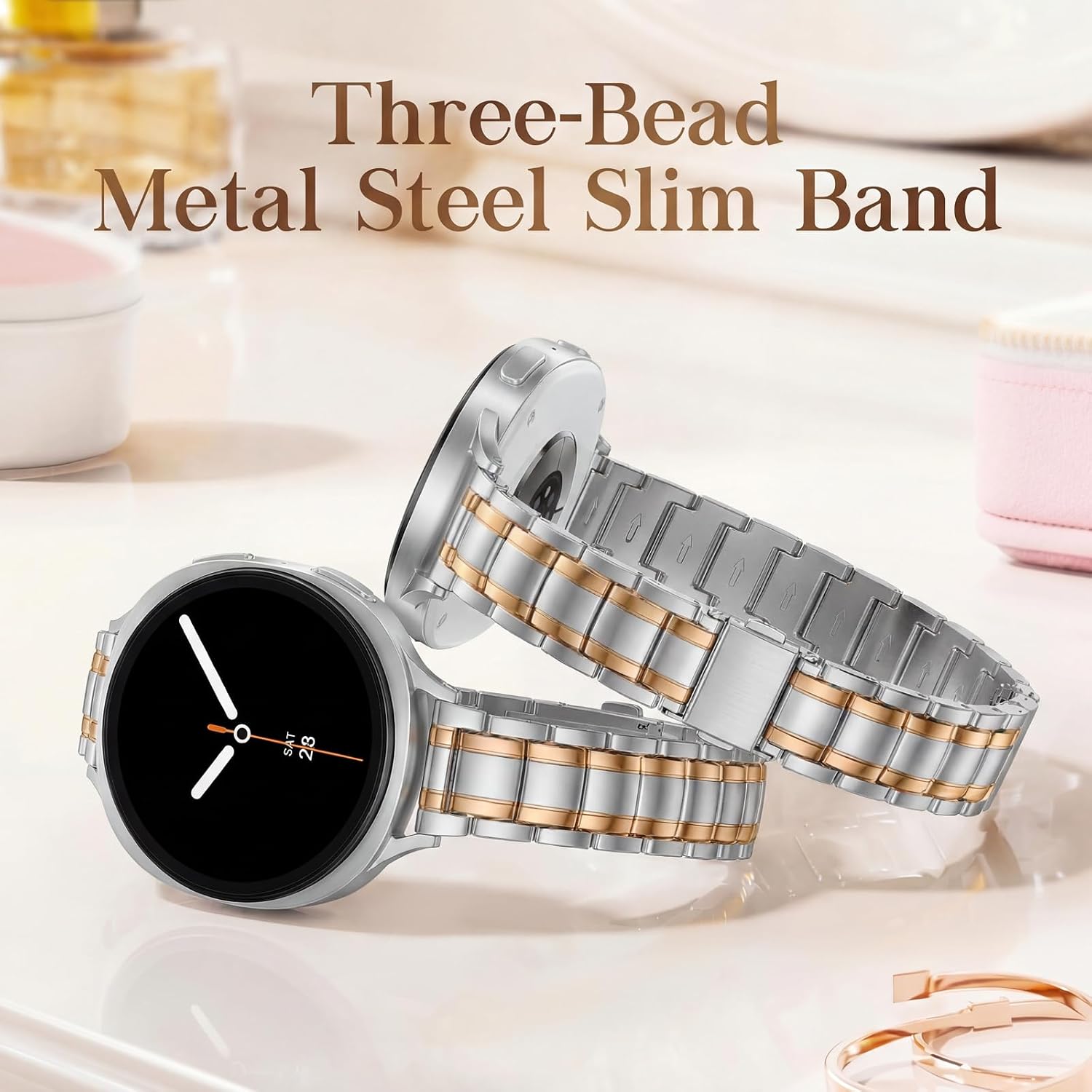 Slim Metal Bands for Samsung Galaxy Watch 8 Band 40mm 44mm/8 Classic 46mm,Thin Elegant Stainless Steel Dressy Business Strap Replacement WristBands for Samsung Watch 8 Band 40 44 mm,Silver/Rose Gold