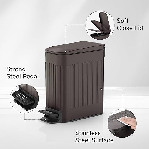 Miniatura 14 de TIPGO Cubo de basura delgado para baño con tapa de cierre suave, pedal escalonado, cubo de basura de acero inoxidable de 6 litros/1.6 galones, cubos