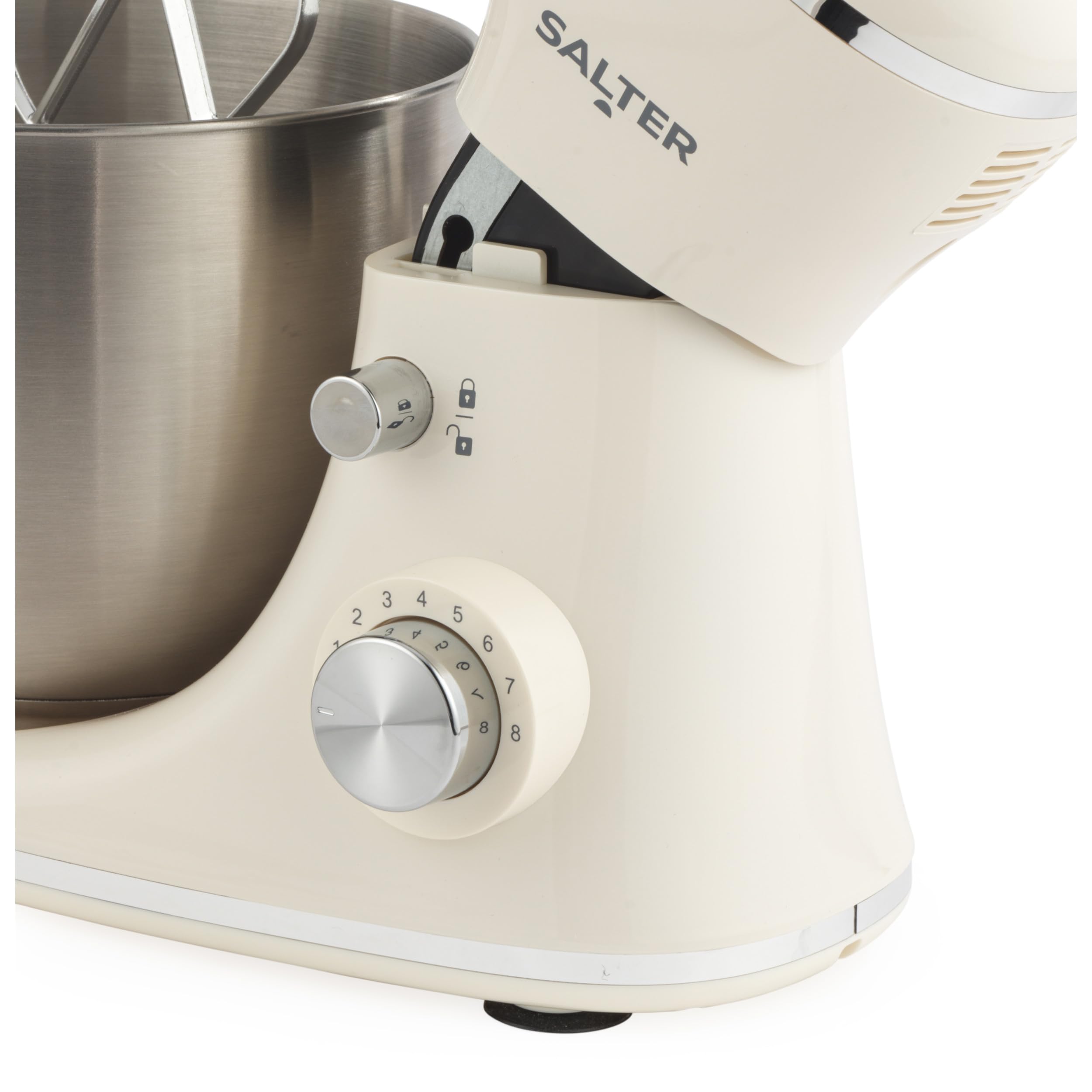 Salter Retro Cream Mixer - Mezclador eléctrico de cocina de alimentos de 5 L, cuenco extraíble de acero inoxidable, accesorios incluidos, gancho de masa, batidor de alambre, batidora, 8