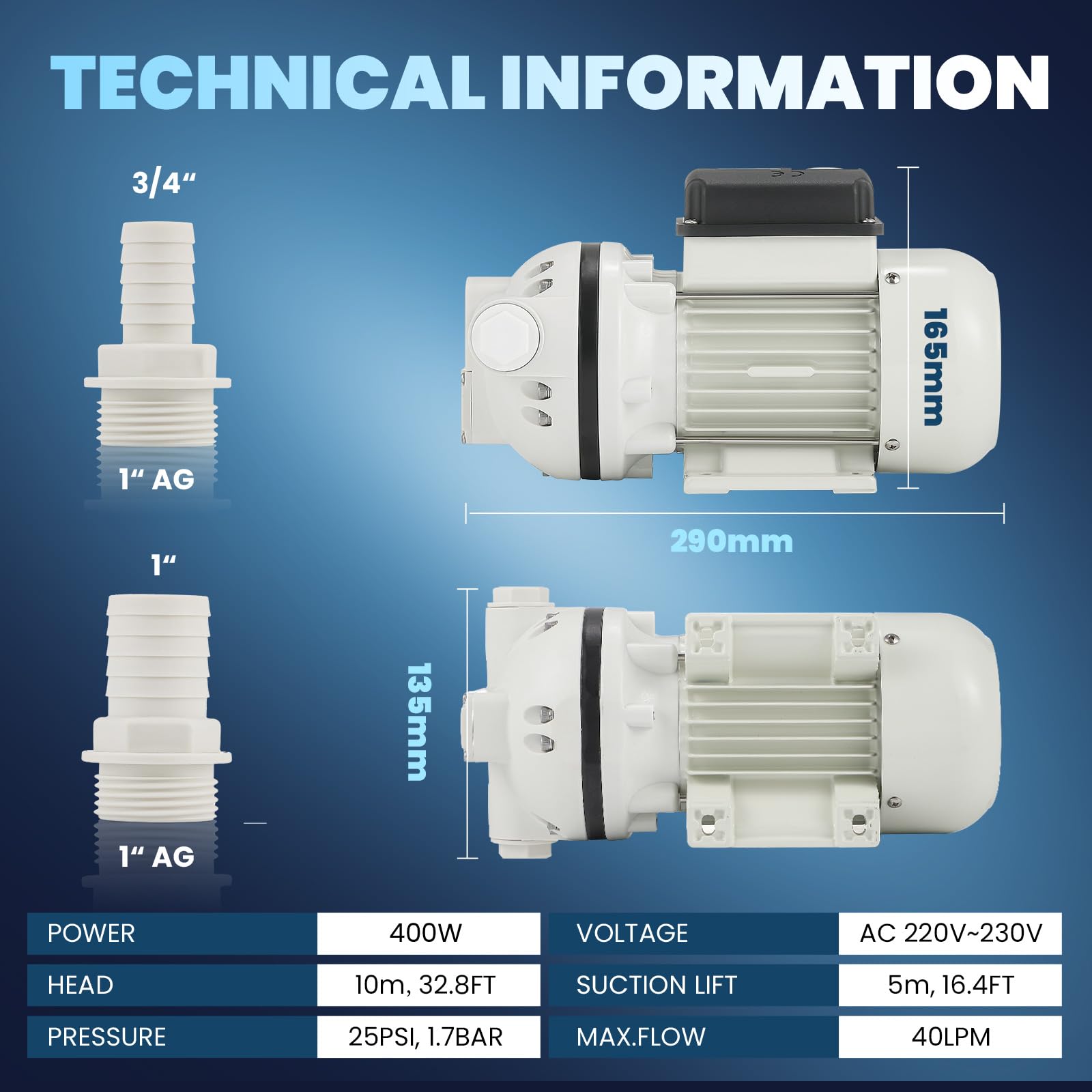 Mxmoonant DEF pump 220 V AC, bomba de membrana multilíquido, 25 psi, 1,7 bar, 400 W, 40 Lpm, autocebado, botón de inicio/parada, para diésel, ADblue, beverages