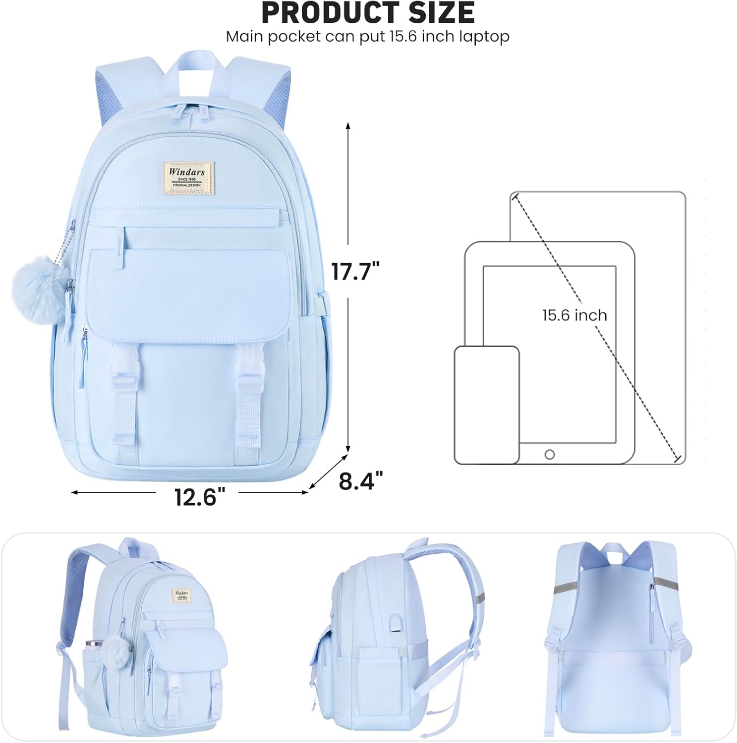 School Backpack for Teen Girls, Cute College Backpacks for Women Students Aesthetic Bookbag Large 15.6 Inch Laptop Bag Middle School Travel Back Pack (Blue) - Image 3