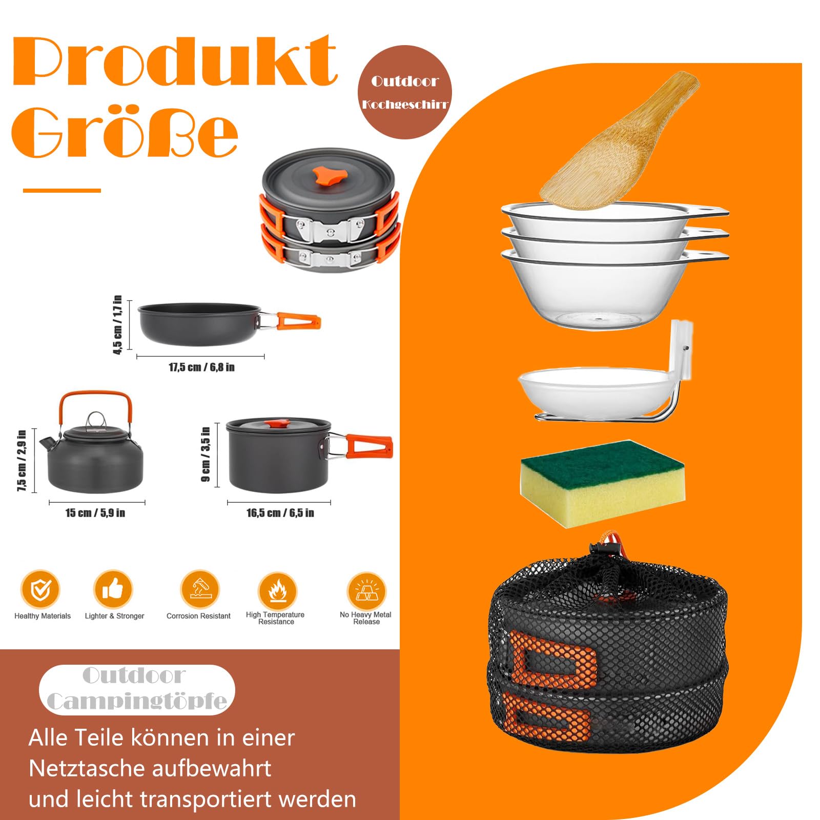 Camping Kochgeschirr Set, Outdoor Geschirr Set Kochtopf Set 10-teilig, Grillgeschirr Picknick Topf mit Aluminium Faltbare Töpfe und Pfannen, für 2-4 Personen, Outdoor Wandern Picknick BBQ
