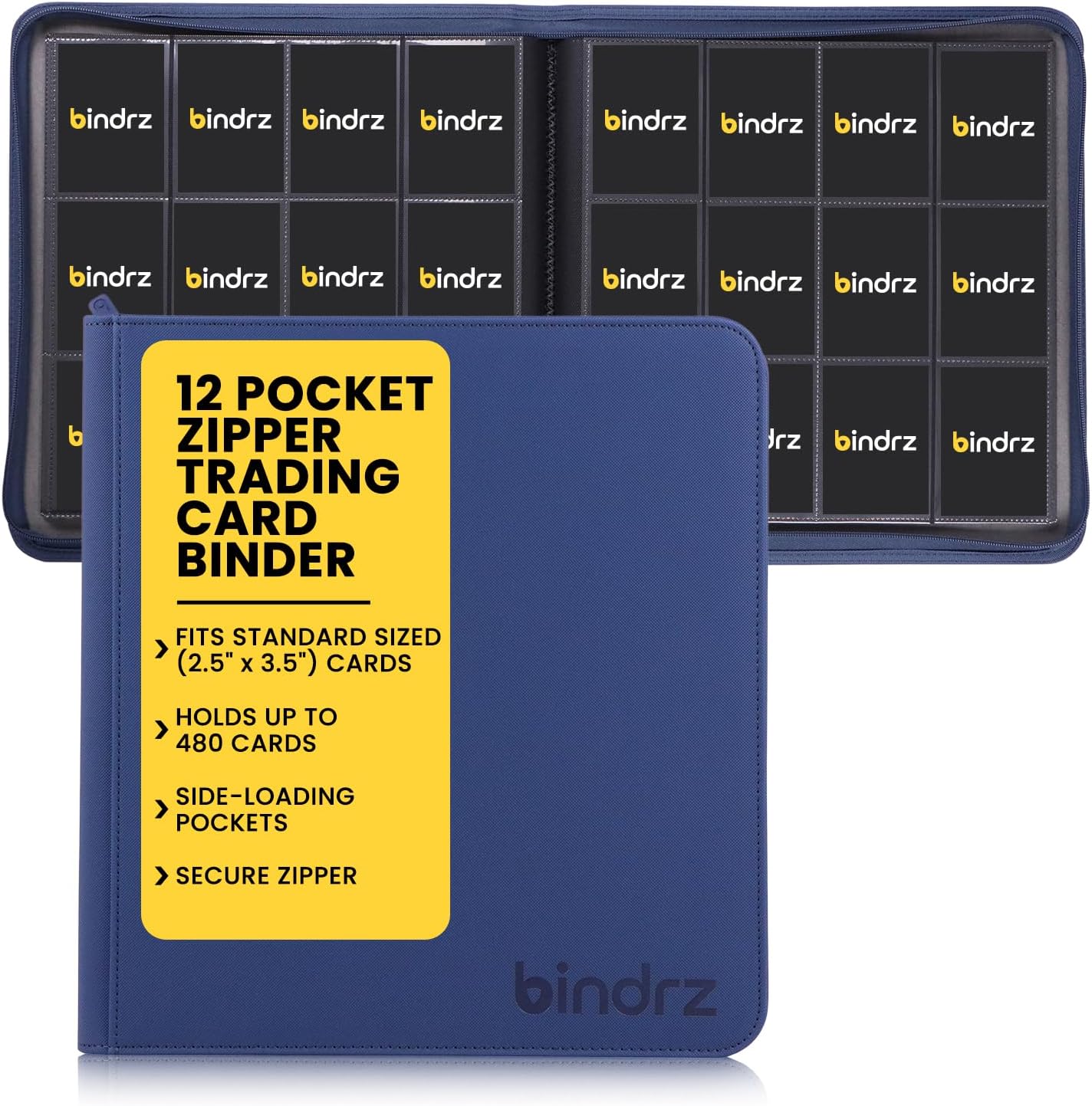 bindrz 12 Pocket Zipper Binder for 480 Sleeved Trading Cards - Side Loading Pockets Album - Archival Safe Material and Compatible with TCG MTG and Sports Collectibles (Black)